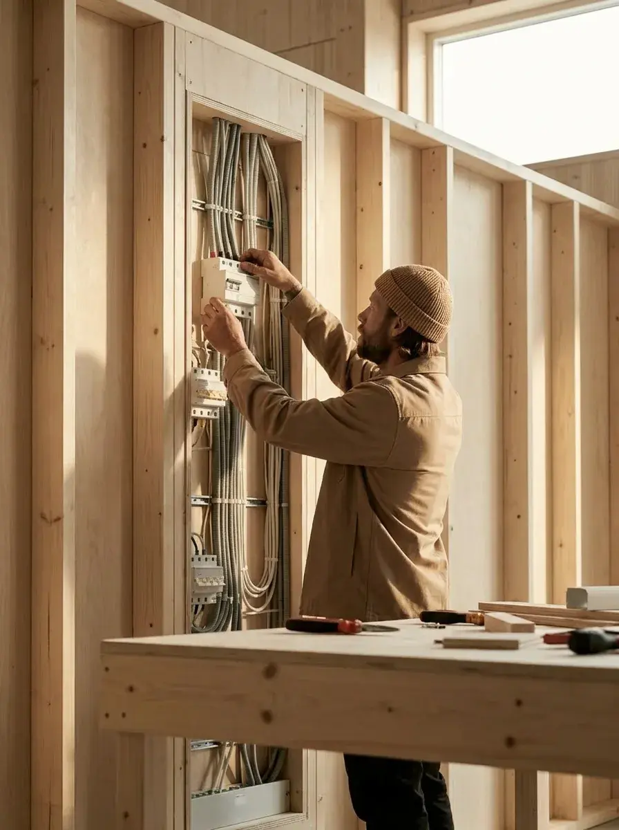 Électricien installant un tableau électrique encastré dans une ossature bois lumineuse