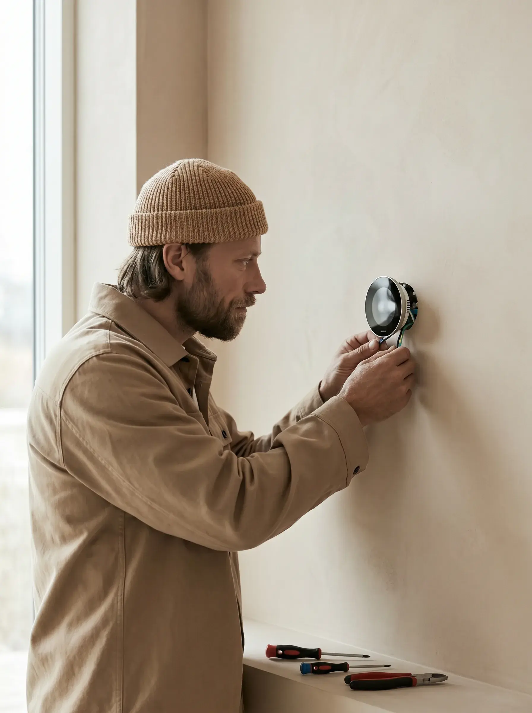 Électricien installant un thermostat rond sur un mur clair près d'une fenêtre