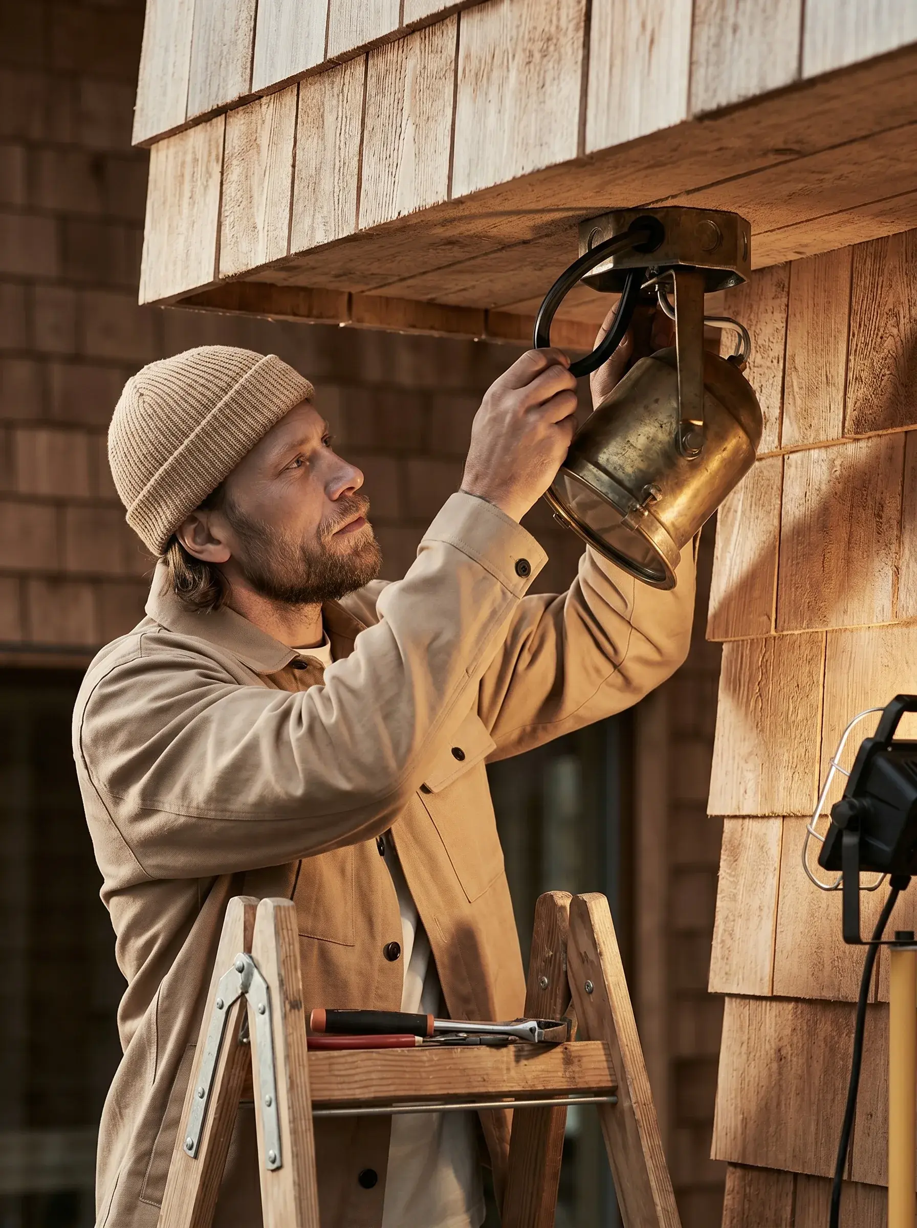 Électricien installant une applique extérieure en laiton sur une façade en bardeaux de bois
