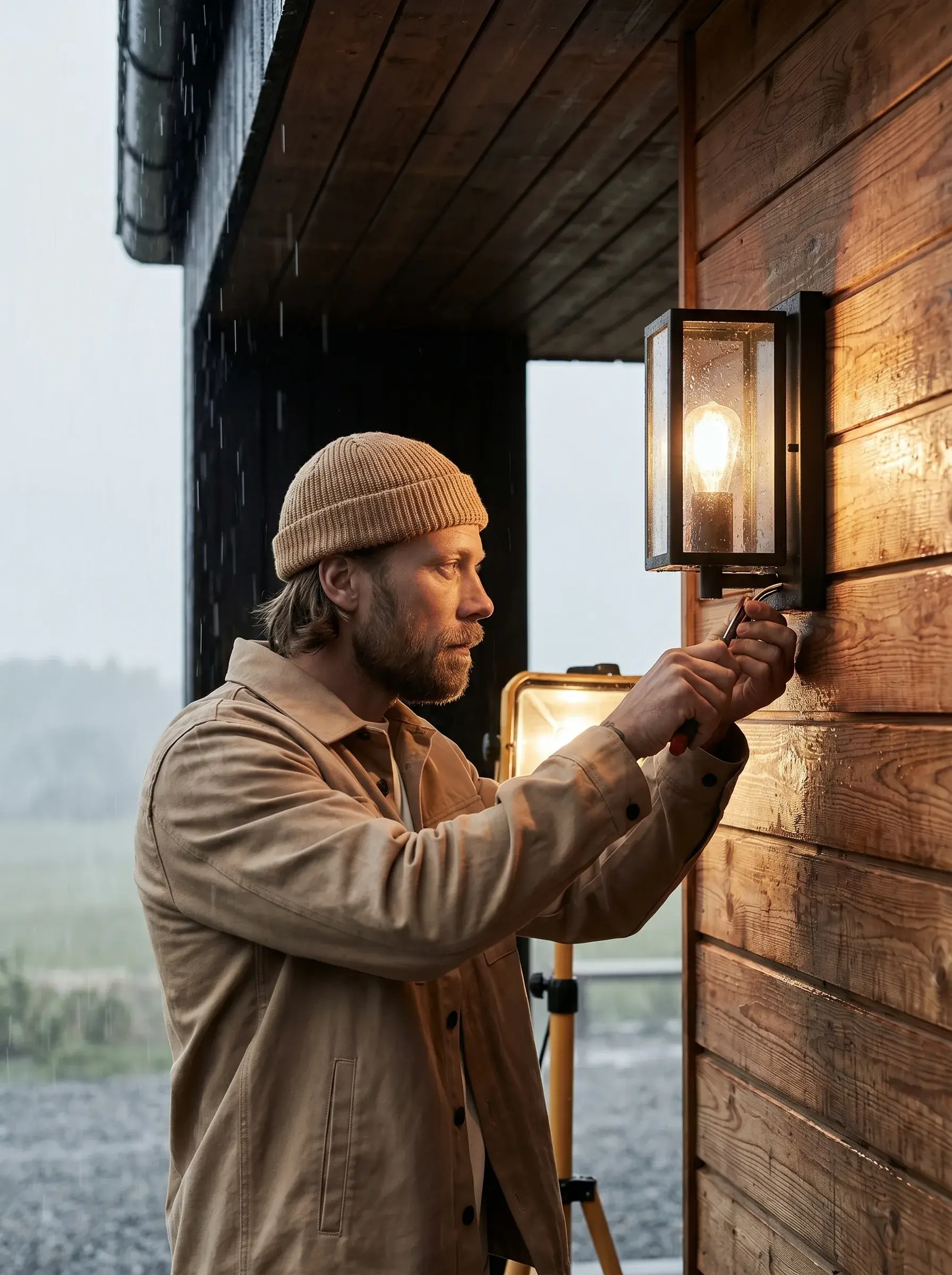 Électricien installant une lanterne extérieure sur un bardage en bois sous la pluie