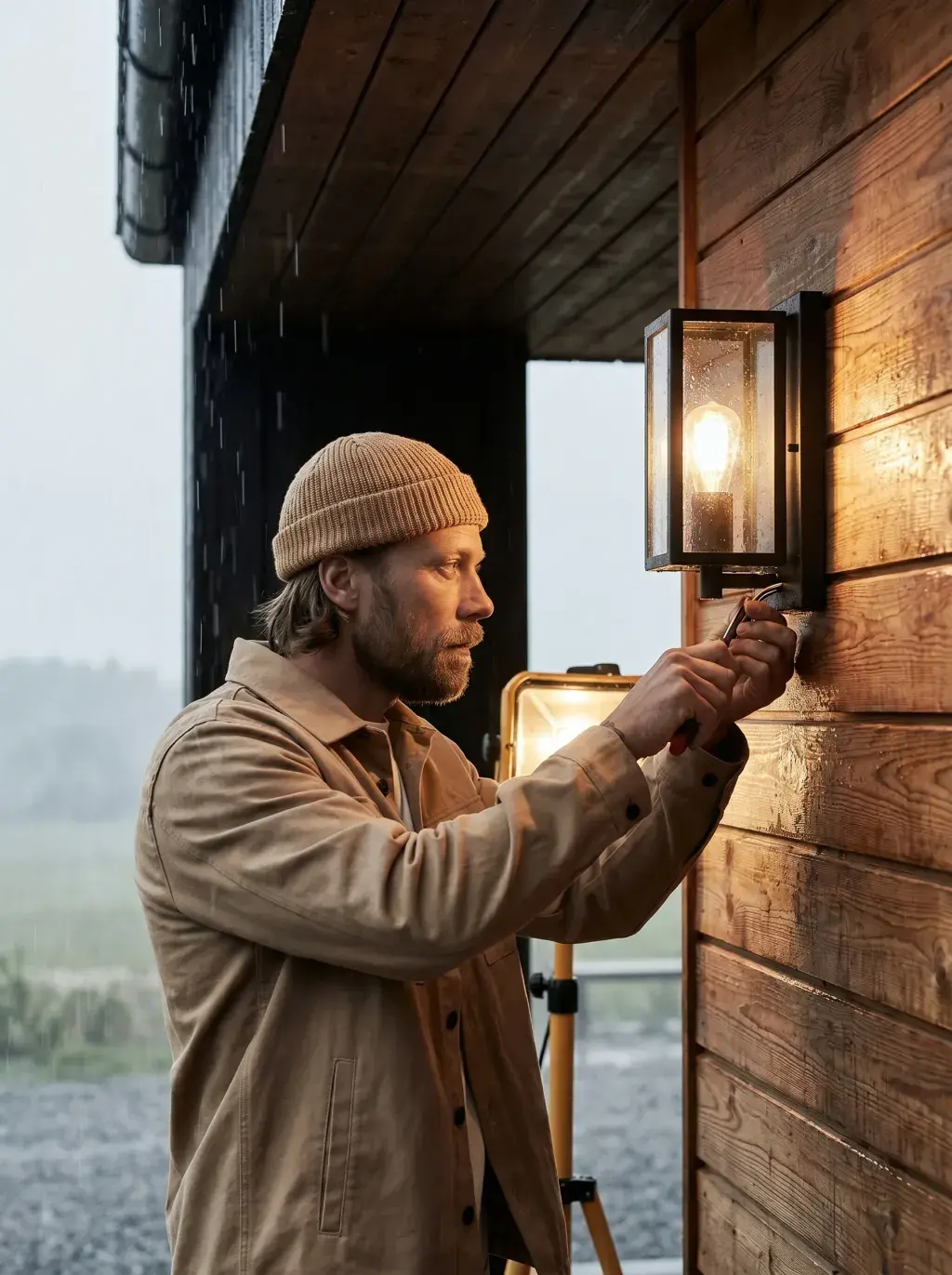 Électricien installant une lanterne extérieure sur un bardage en bois sous la pluie