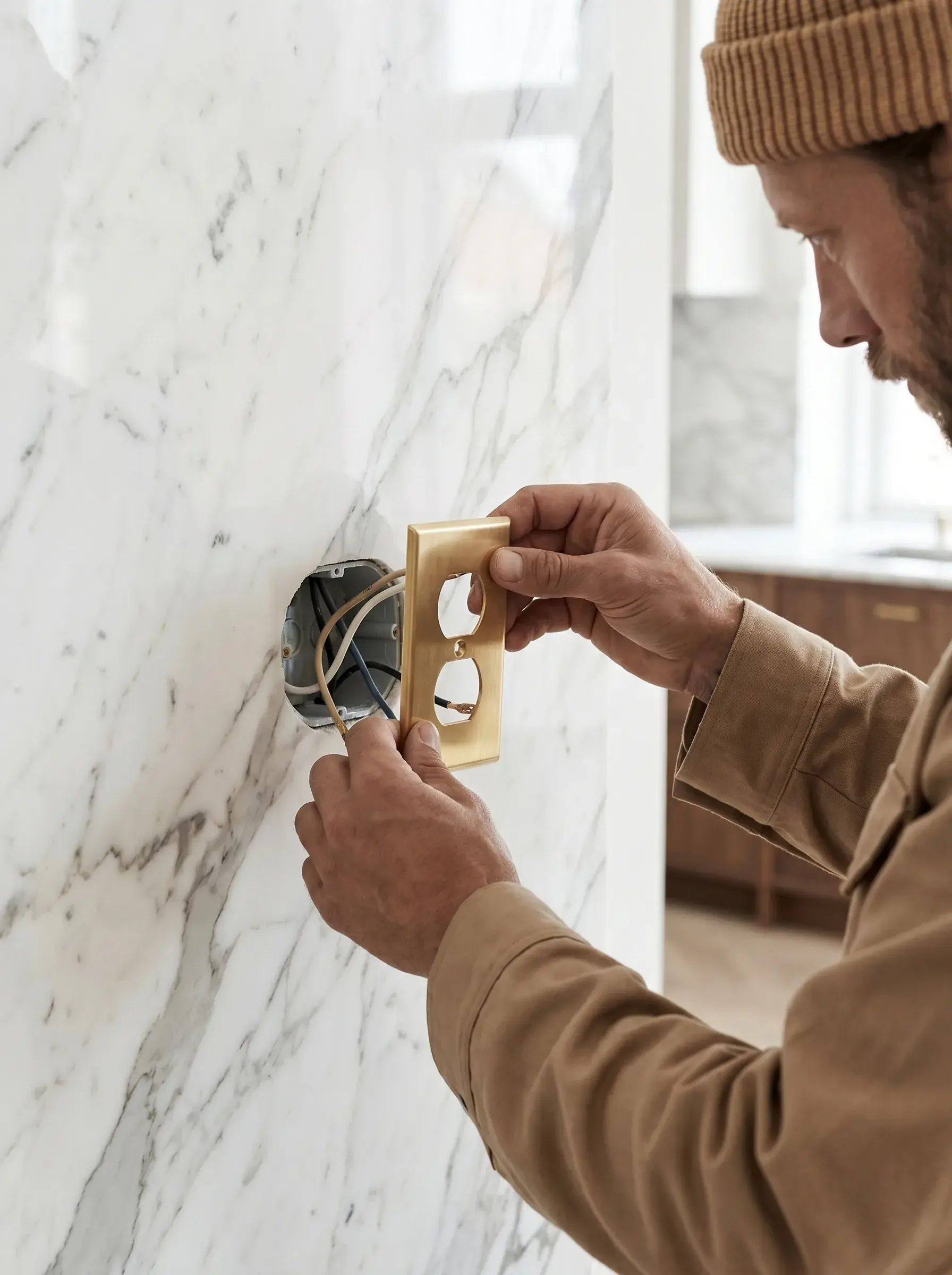 Électricien posant une plaque de prise en laiton sur un mur en marbre dans une cuisine