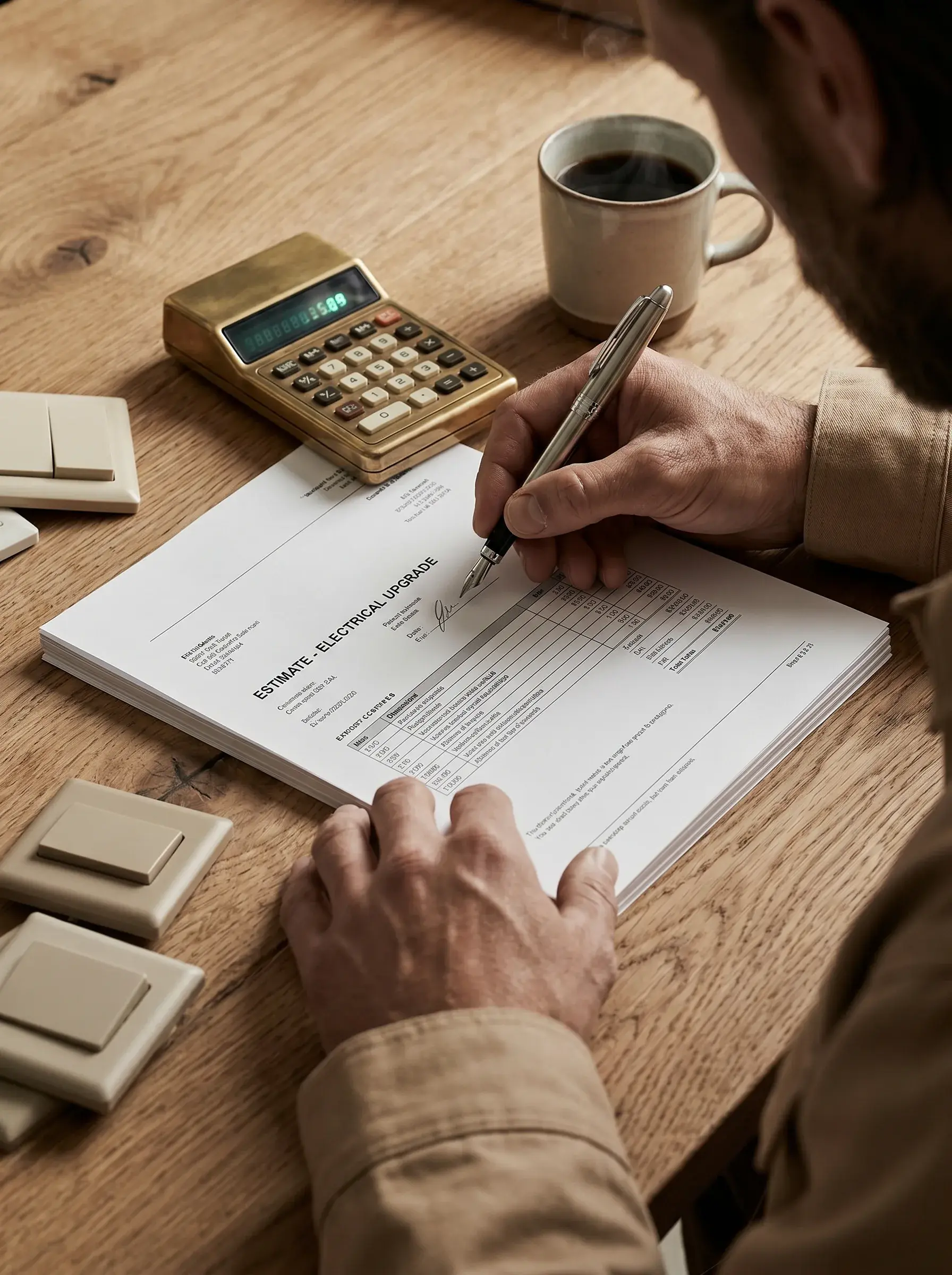 Électricien signant un devis de rénovation électrique près d'une calculatrice et d'un café