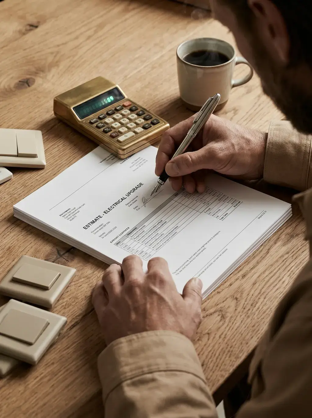 Électricien signant un devis de rénovation électrique près d'une calculatrice et d'un café