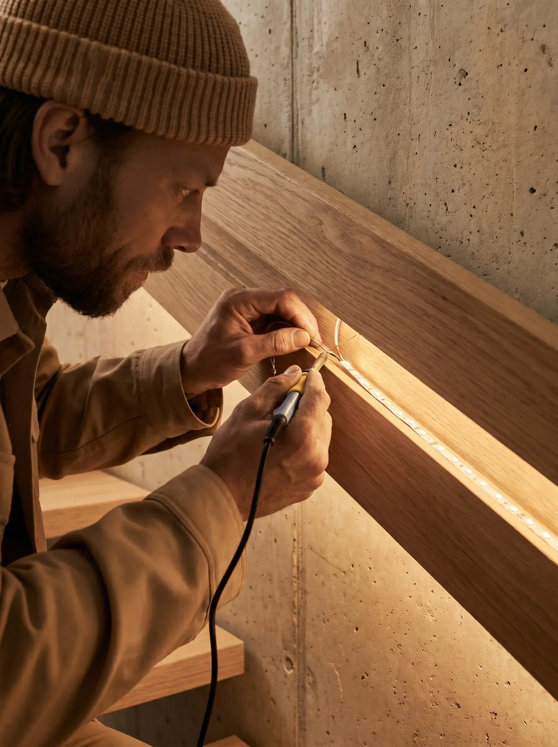 Électricien soudant avec précision un ruban LED sous une marche d'escalier en chêne