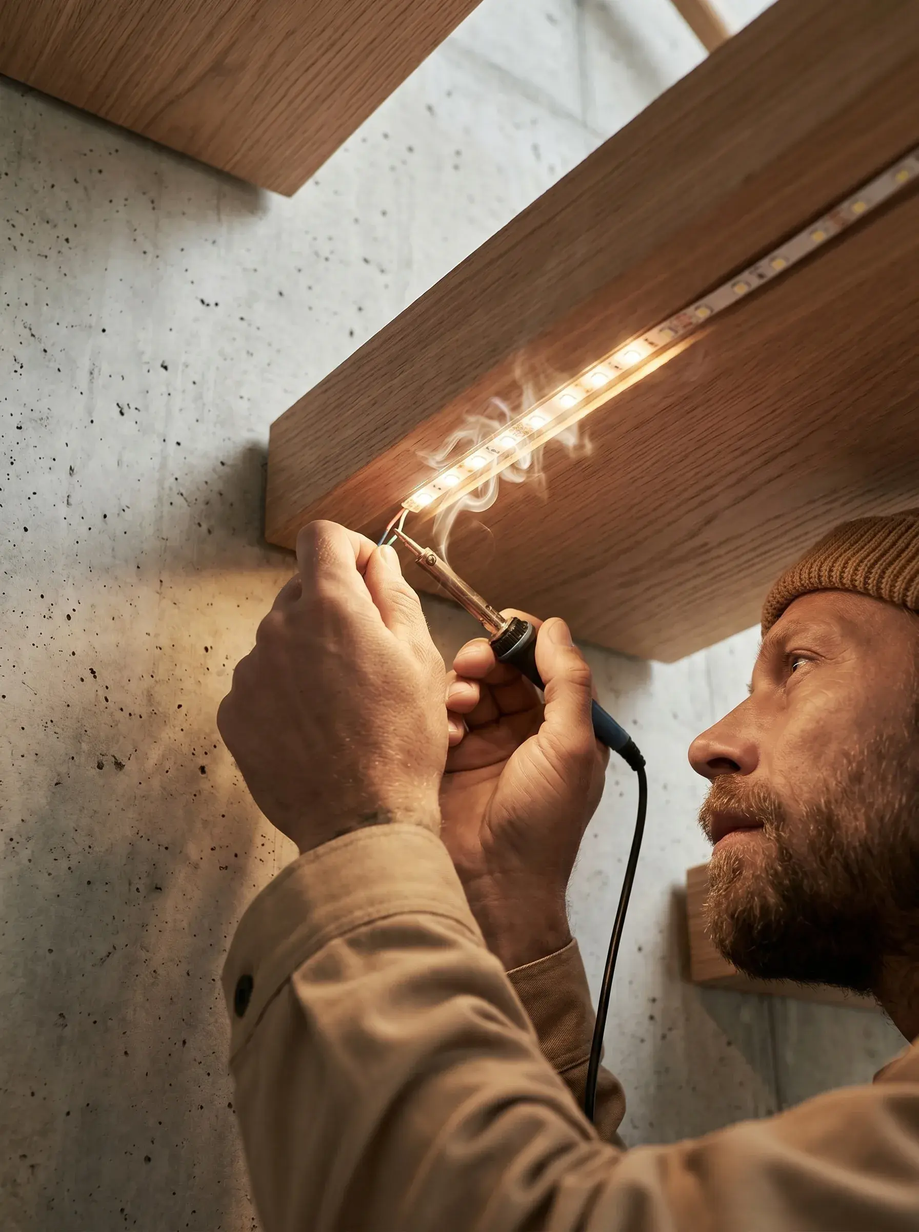 Électricien soudant un ruban LED sous une tablette en bois contre un mur en béton