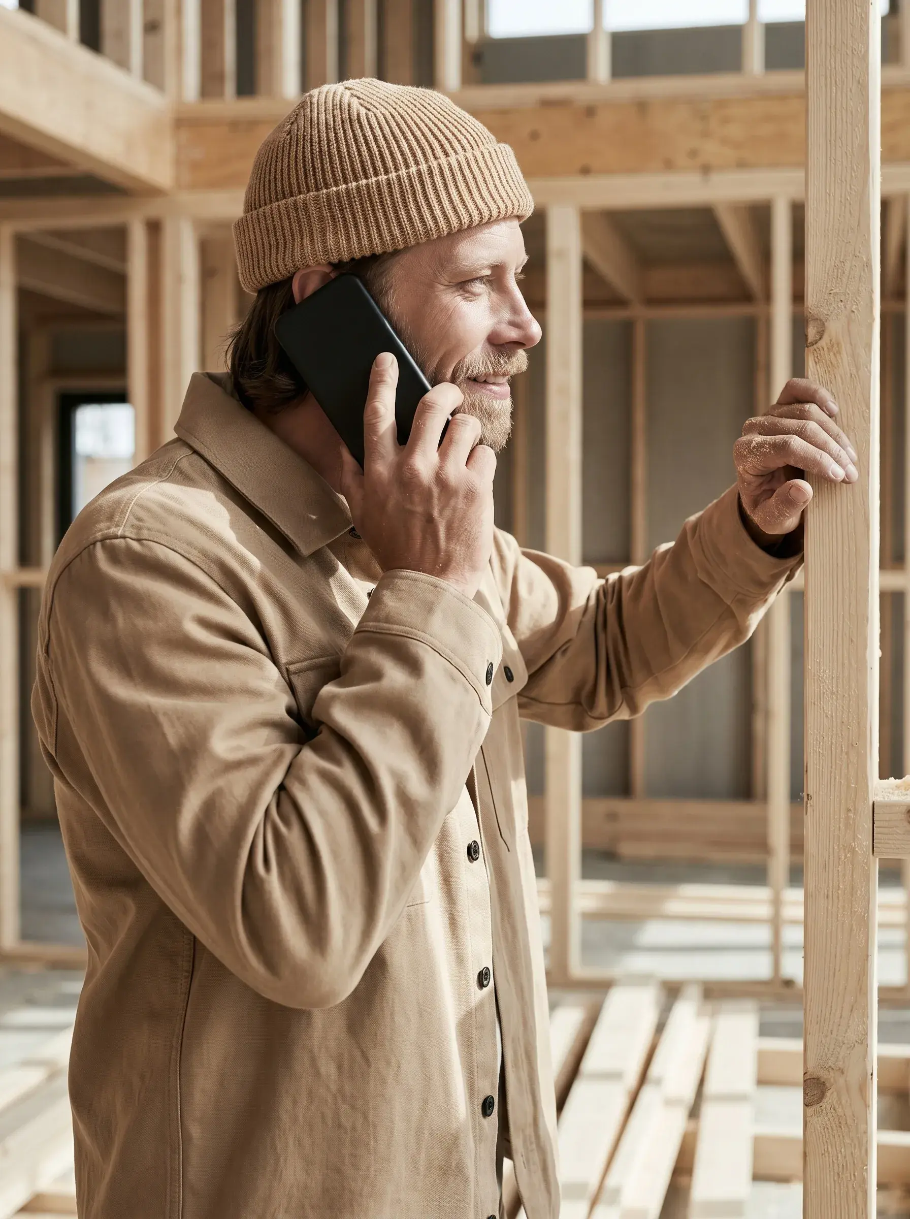 Électricien souriant au téléphone appuyé contre un montant d'ossature bois