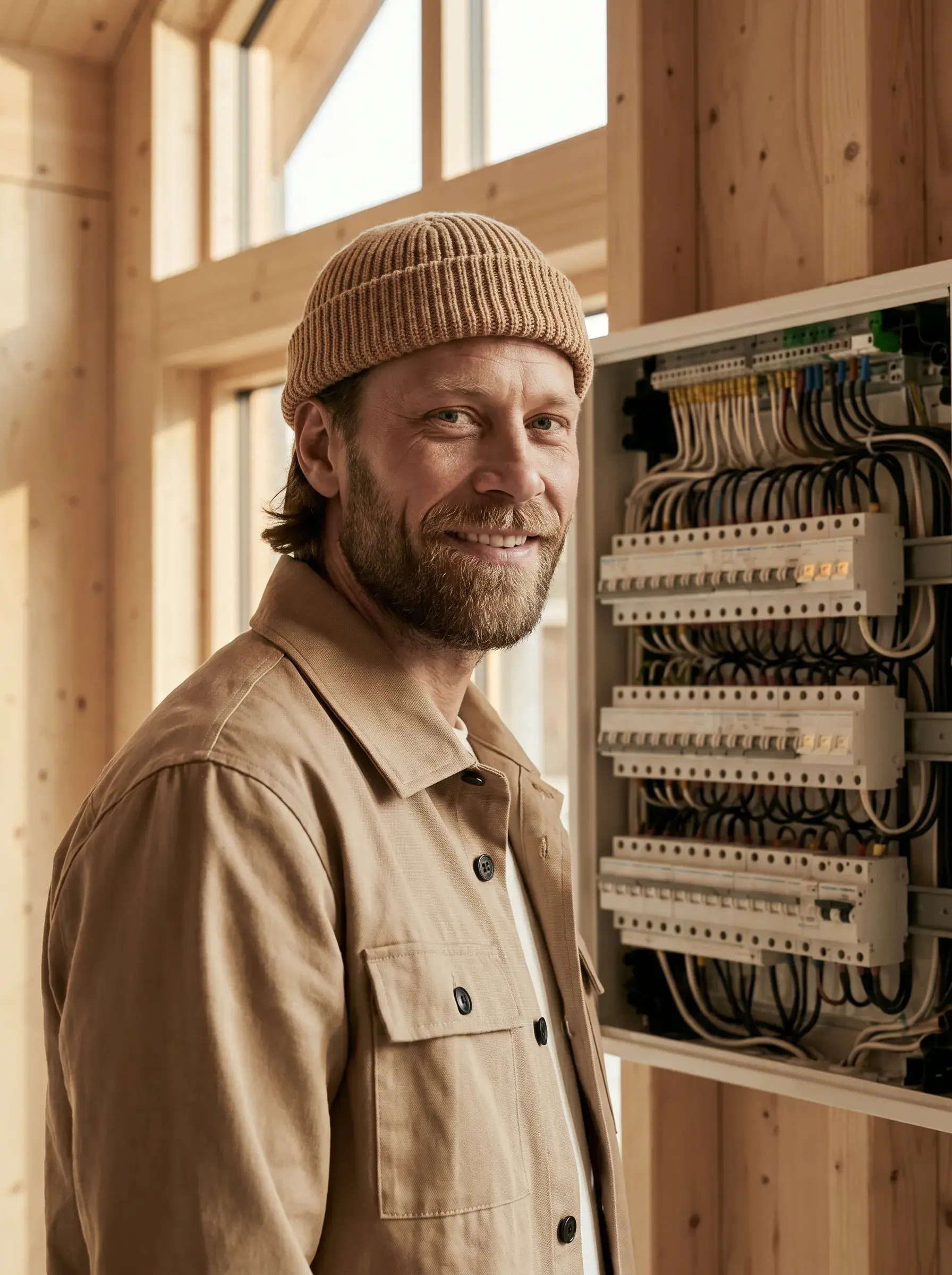 Électricien souriant de trois quarts devant un tableau électrique dans une maison en bois