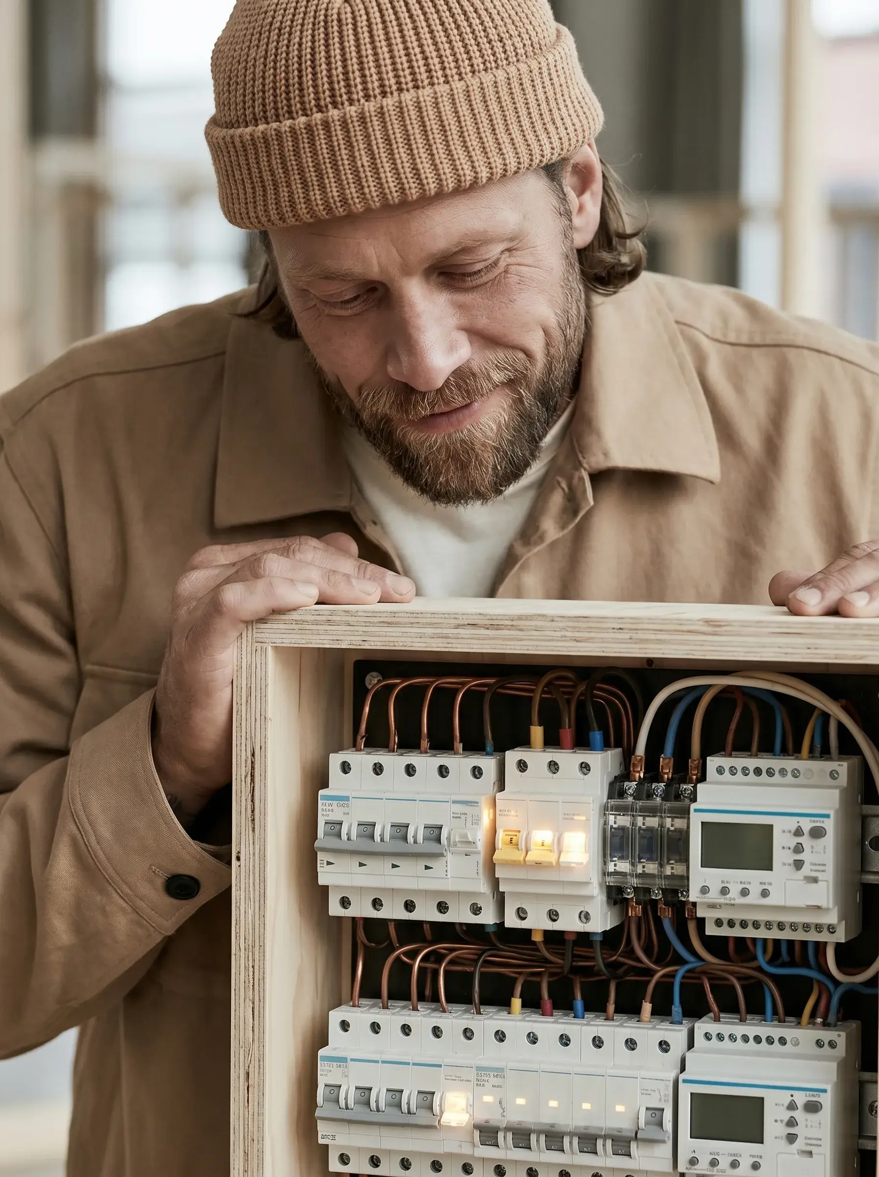 Électricien souriant présentant un tableau électrique câblé monté dans un cadre en bois