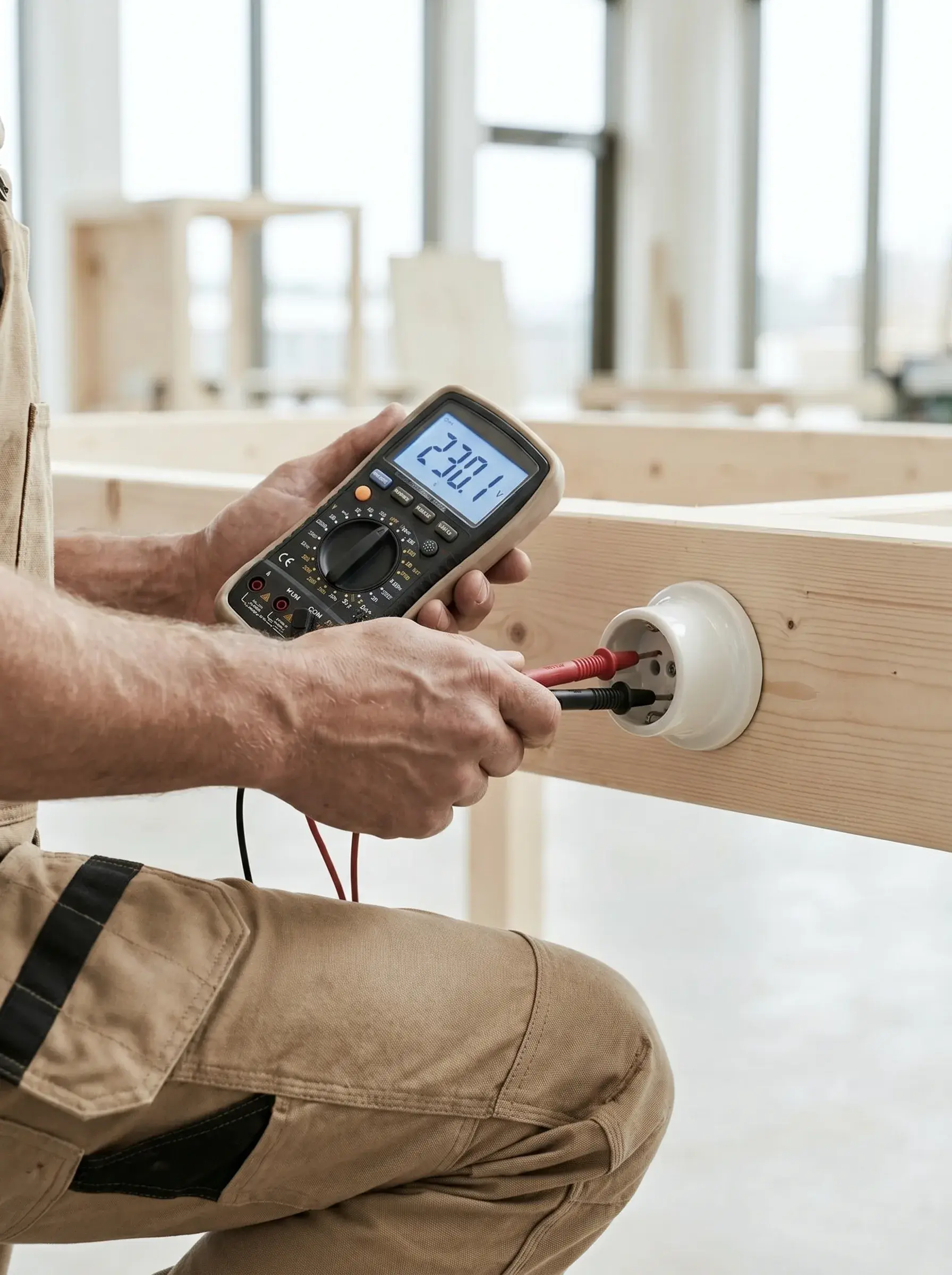 Électricien testant une prise avec un multimètre affichant 230 volts sur un chantier bois