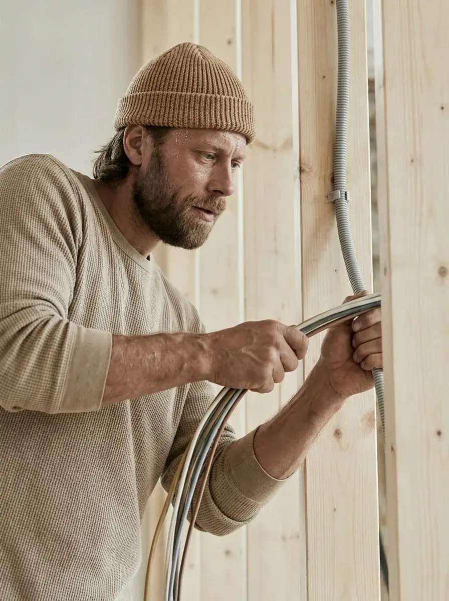Électricien tirant une gaine technique grise le long d'un mur en bois
