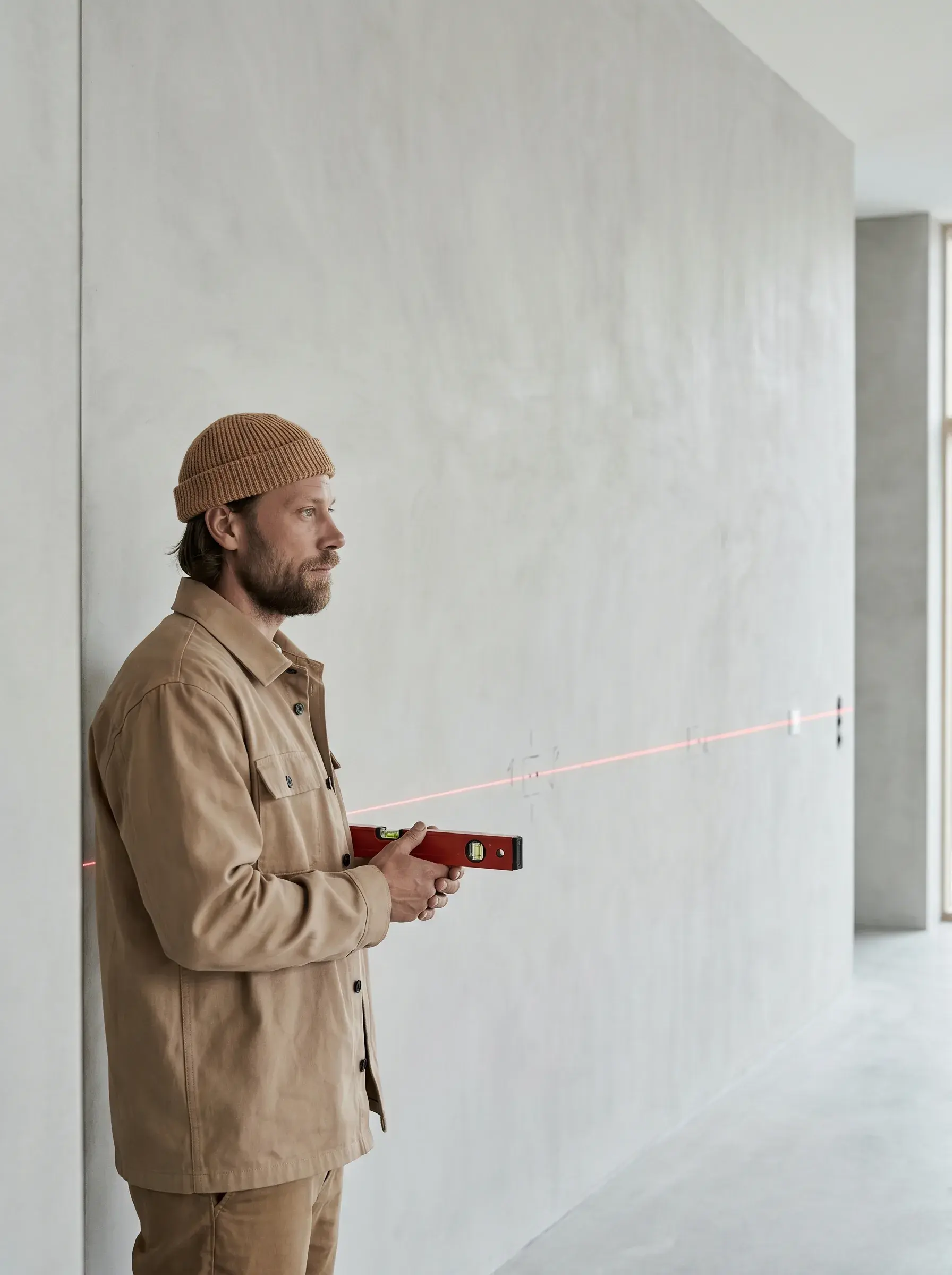 Électricien traçant un repère au niveau laser sur un mur en béton ciré