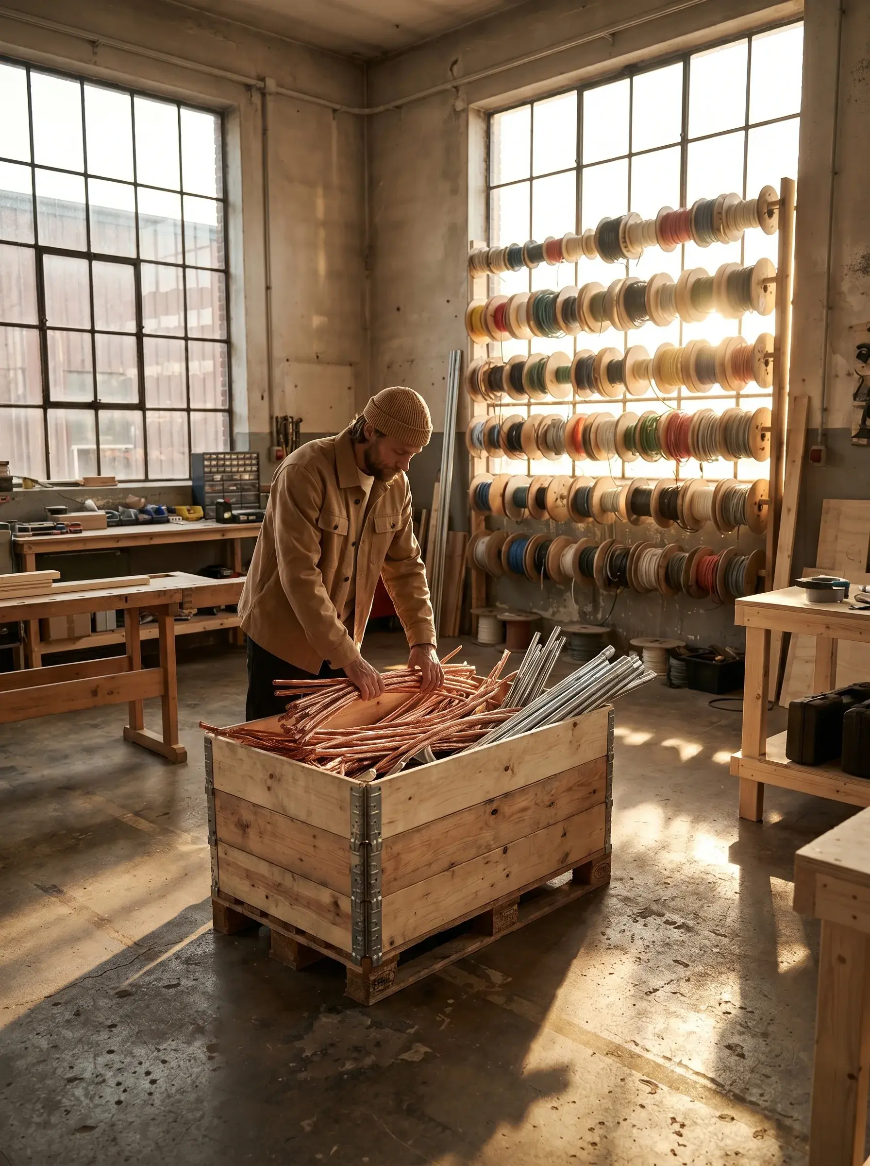 Électricien triant des tubes de cuivre dans un atelier industriel aux bobines de fils colorées