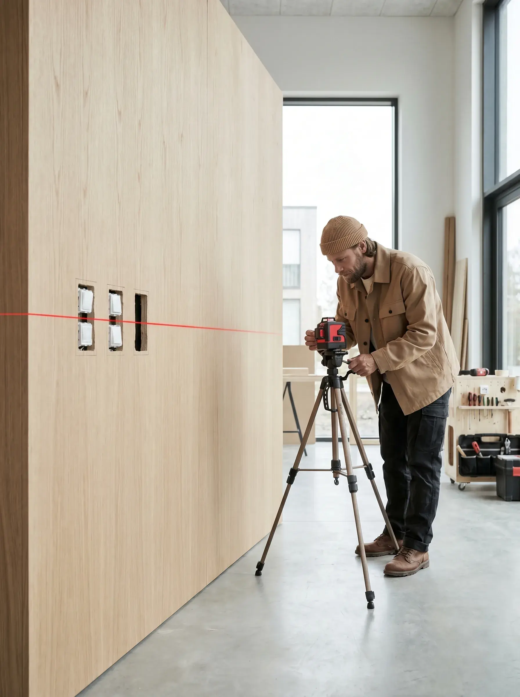 Électricien vérifiant un niveau laser sur trépied dans un atelier lumineux aux grandes baies