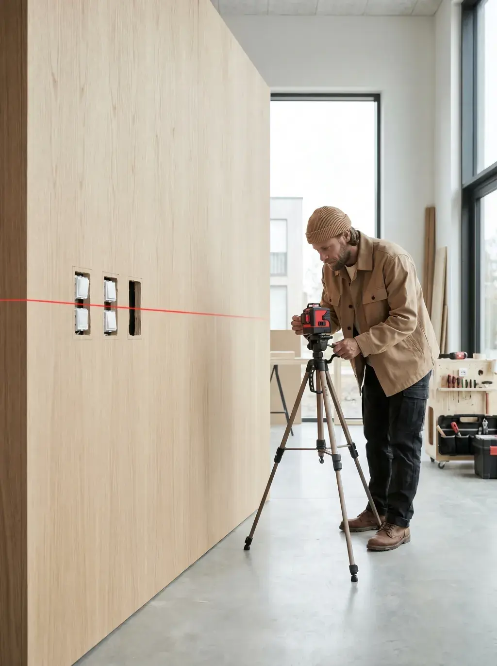 Électricien vérifiant un niveau laser sur trépied dans un atelier lumineux aux grandes baies