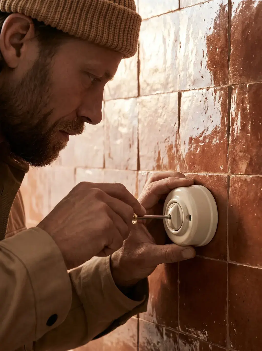 Électricien vissant un interrupteur rotatif en porcelaine sur un mur de zellige terracotta