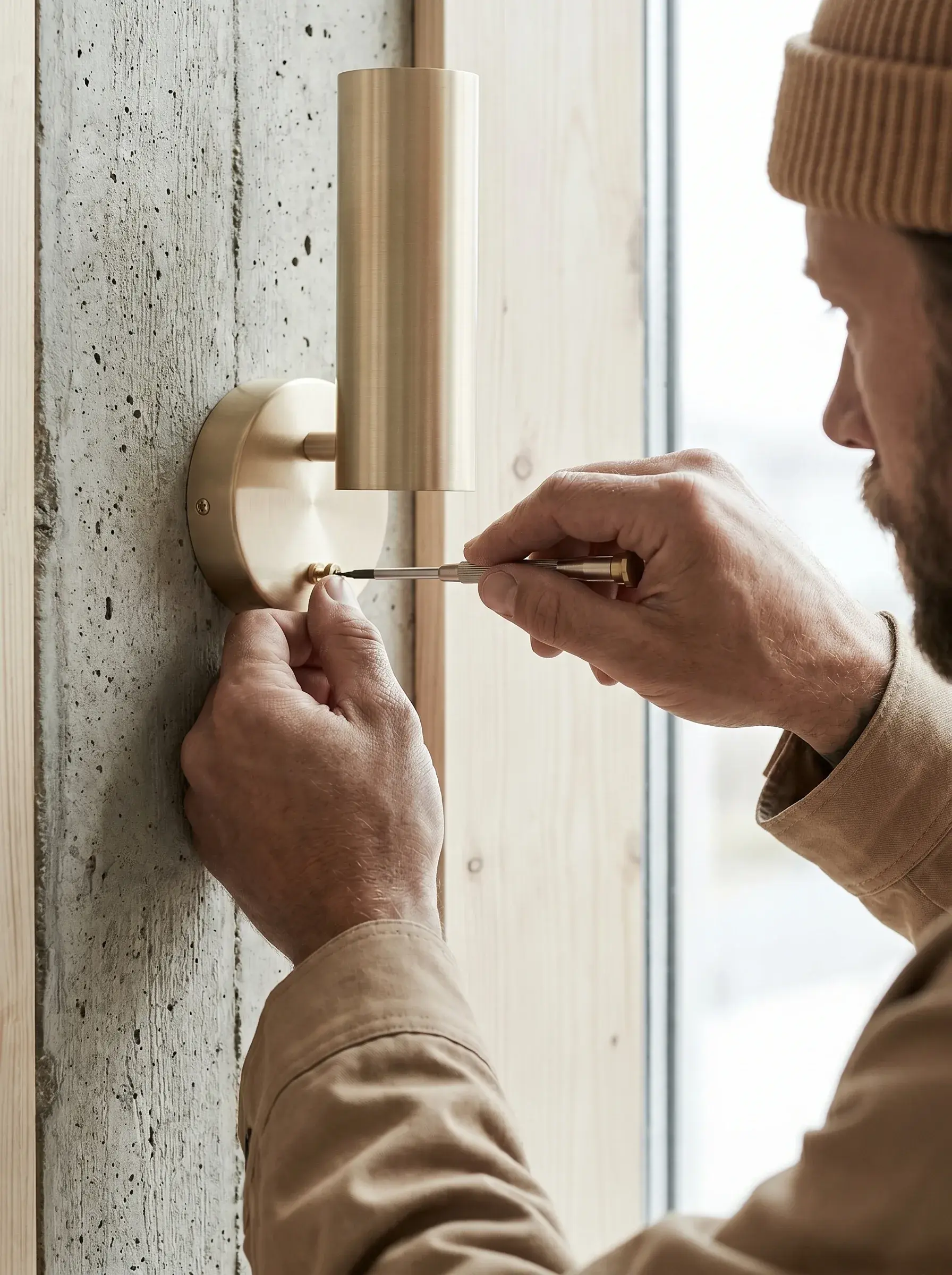 Électricien vissant une applique murale en laiton doré sur un mur en béton et bois