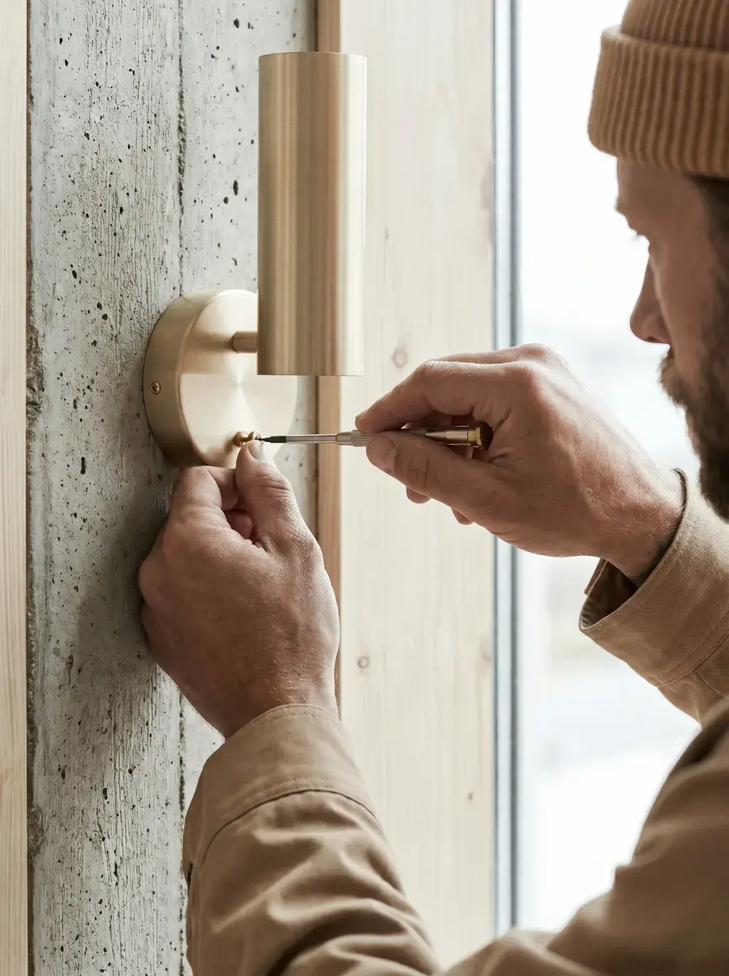 Électricien vissant une applique murale en laiton doré sur un mur en béton et bois