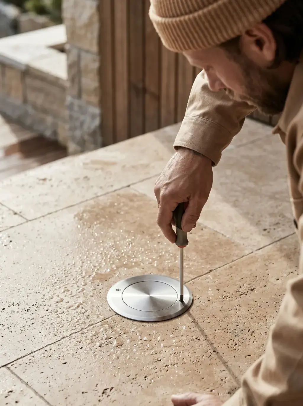 Électricien vissant une prise de sol ronde en inox sur une terrasse en travertin
