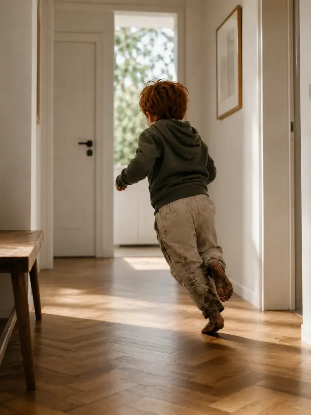 Enfant courant vers la porte d'entrée dans un couloir ensoleillé