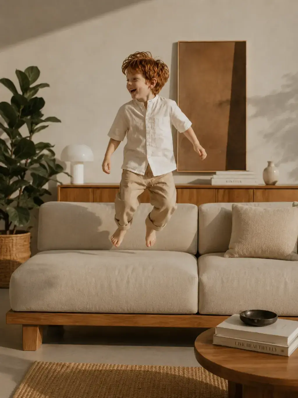 Enfant roux sautant sur un canapé beige – intérieur minimaliste avec plante et table basse