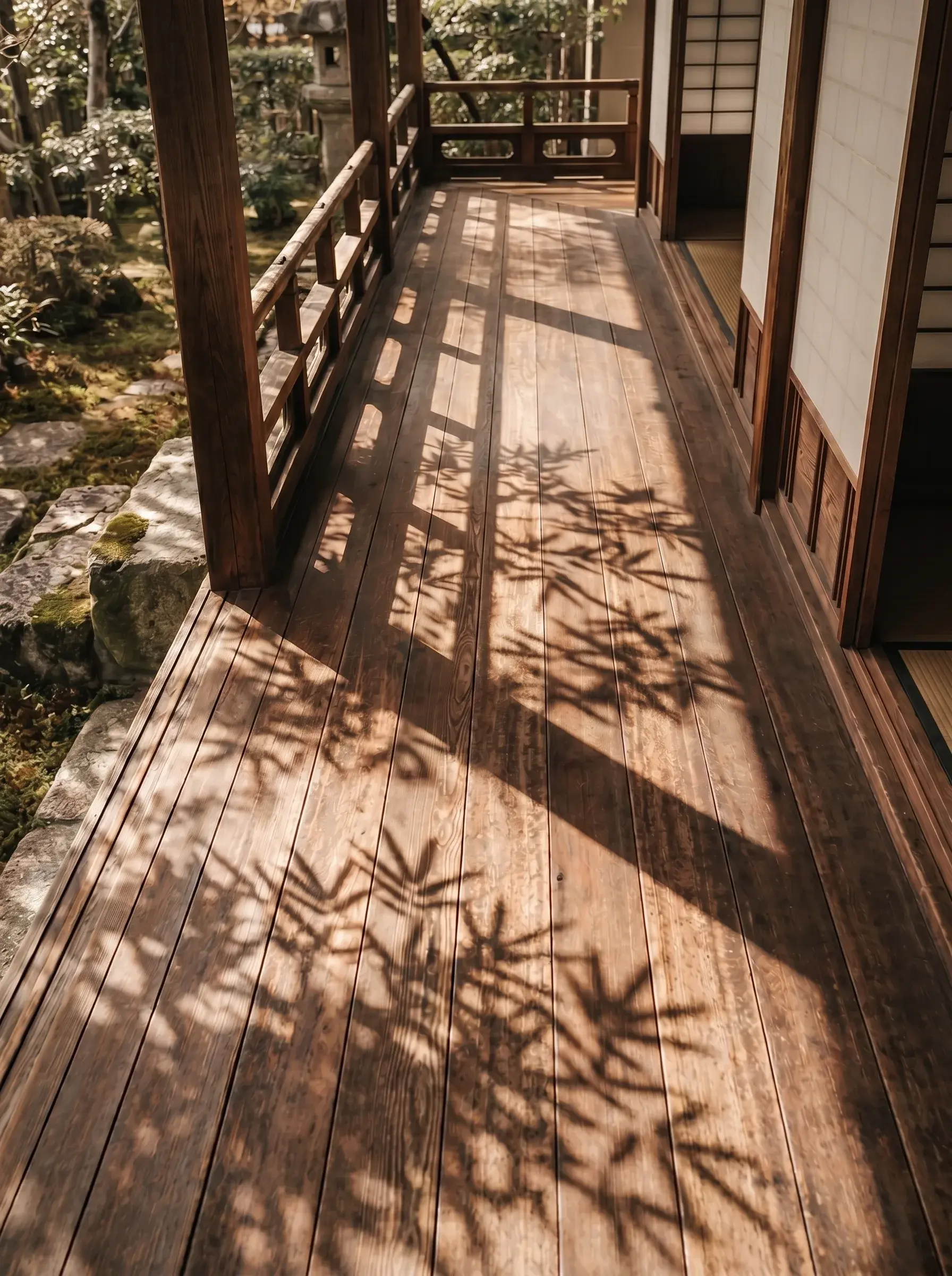 Engawa — terrasse bois d'une maison japonaise traditionnelle avec ombres de bambou projetées sur lattes, jardin zen en fond