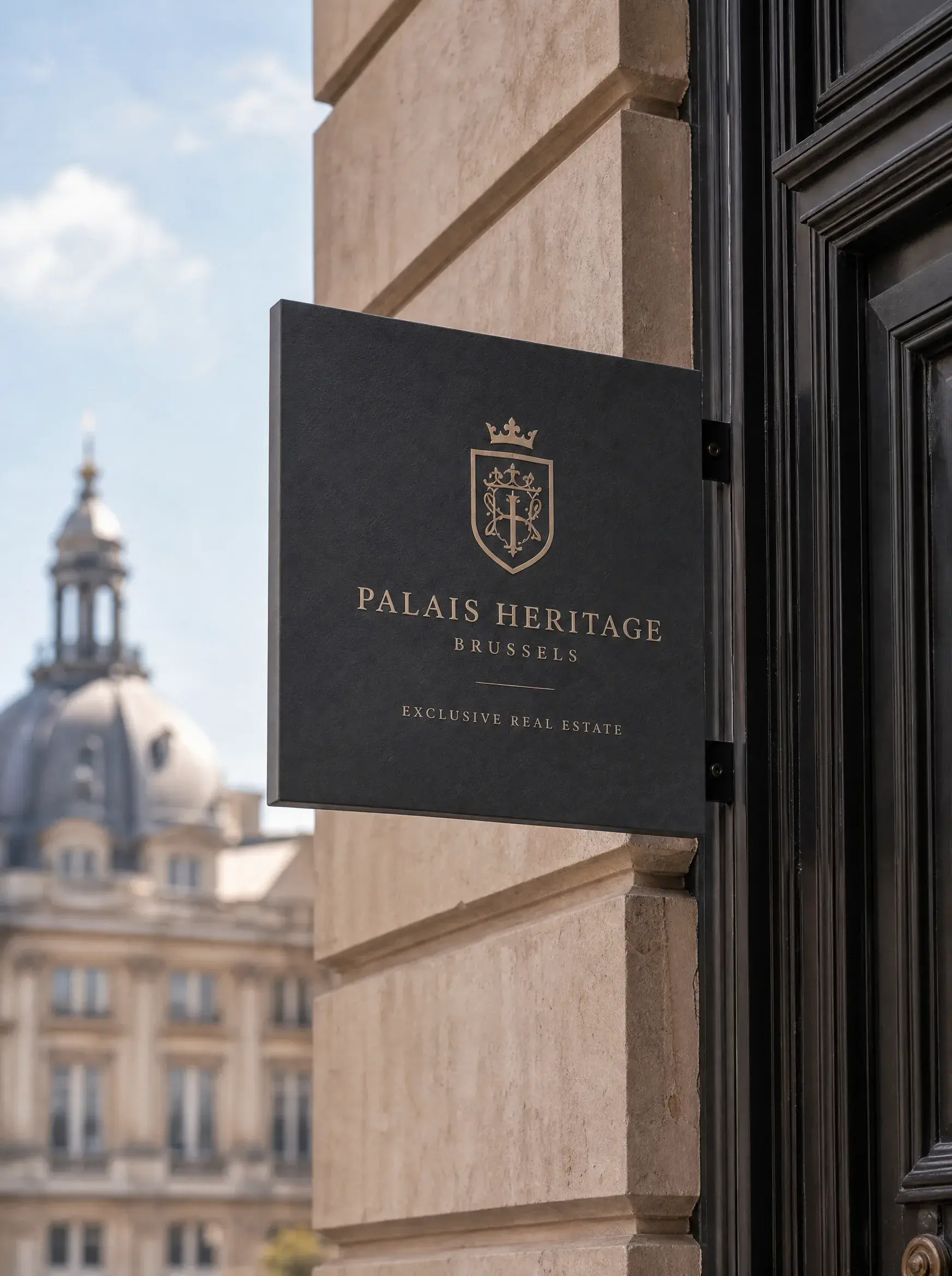 Enseigne Palais Heritage Brussels en dorure sur fond noir avec dôme en arrière-plan en bokeh