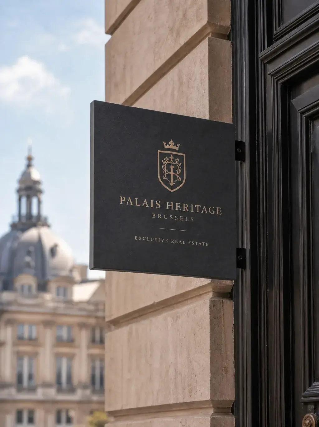 Enseigne Palais Heritage Brussels en dorure sur fond noir avec dôme en arrière-plan en bokeh