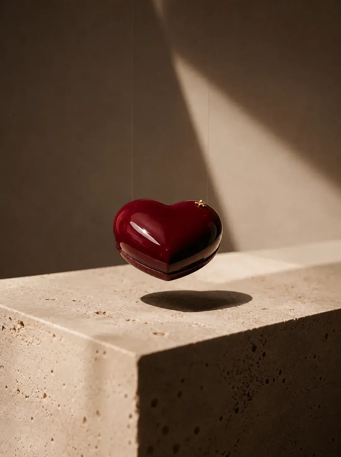 Entremets cœur glaçage miroir bordeaux en lévitation – socle travertin, lumière zénithale