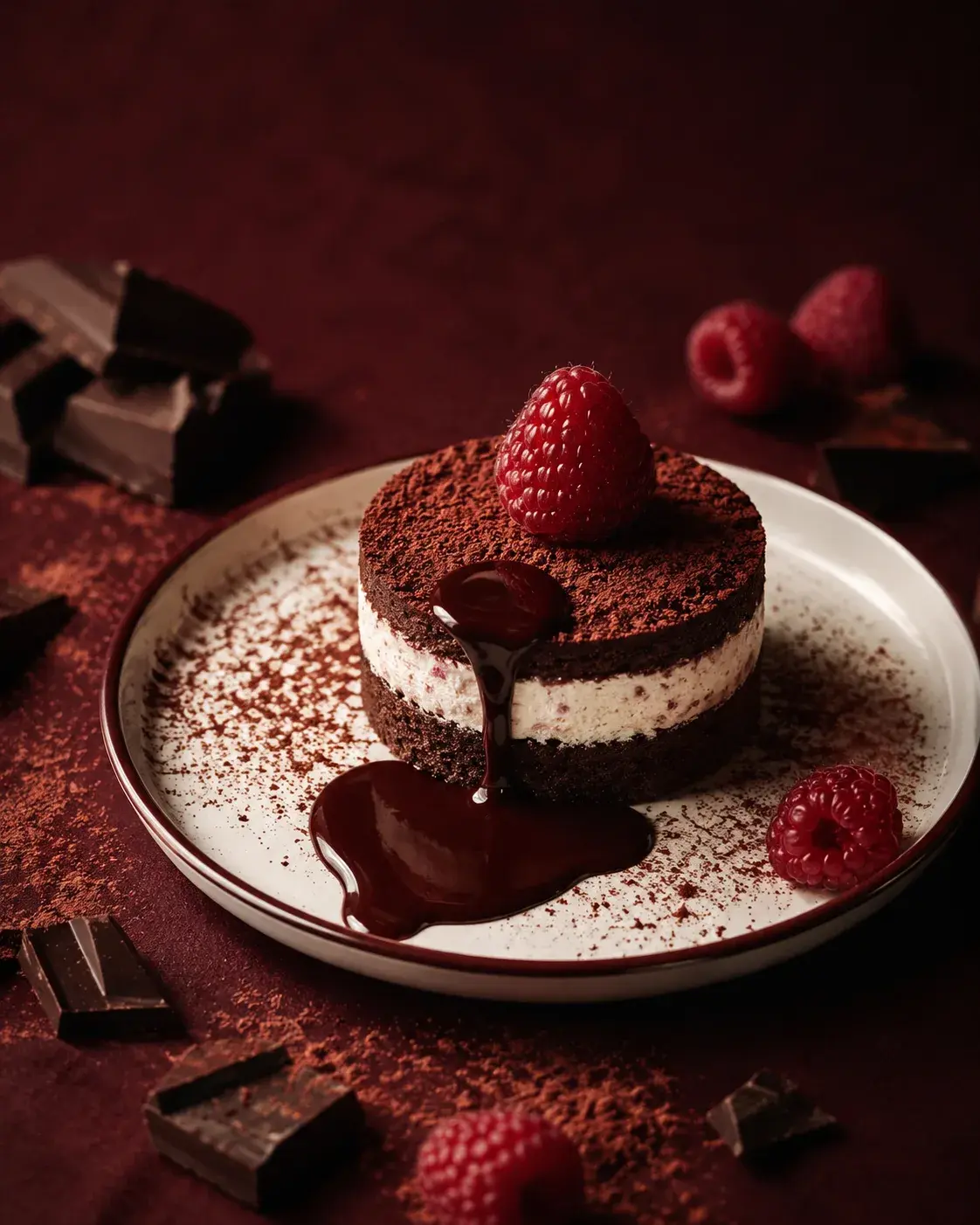 Entremets cacao et crème avec framboise – coulis coulant, assiette blanche, fond bordeaux