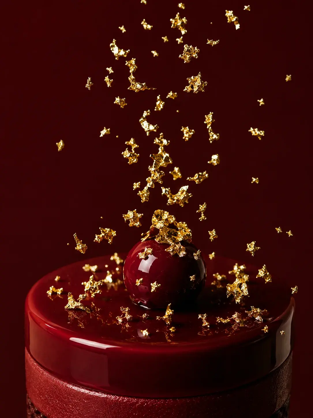 Entremets cylindrique glaçage bordeaux – pluie d'éclats de feuilles d'or en lévitation, fond rouge