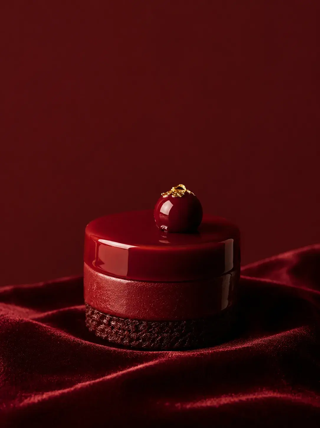 Entremets cylindrique glaçage miroir bordeaux avec sphère – plateau noir, fond bordeaux sombre