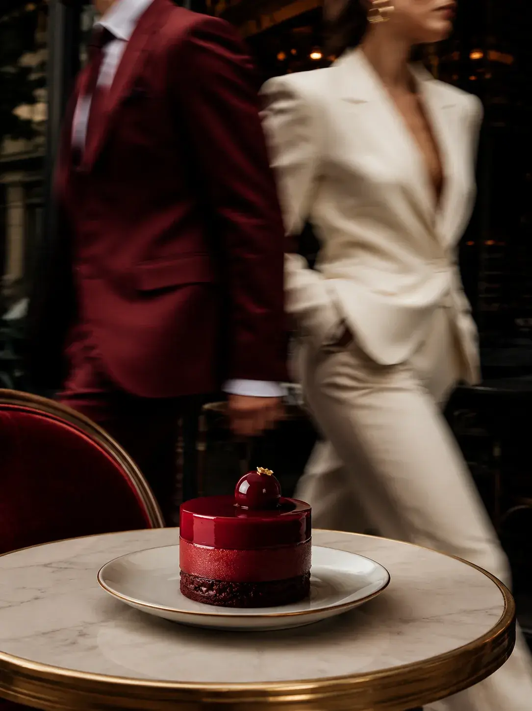 Entremets glaçage bordeaux sur table brasserie – couple en mouvement, homme bordeaux, femme crème