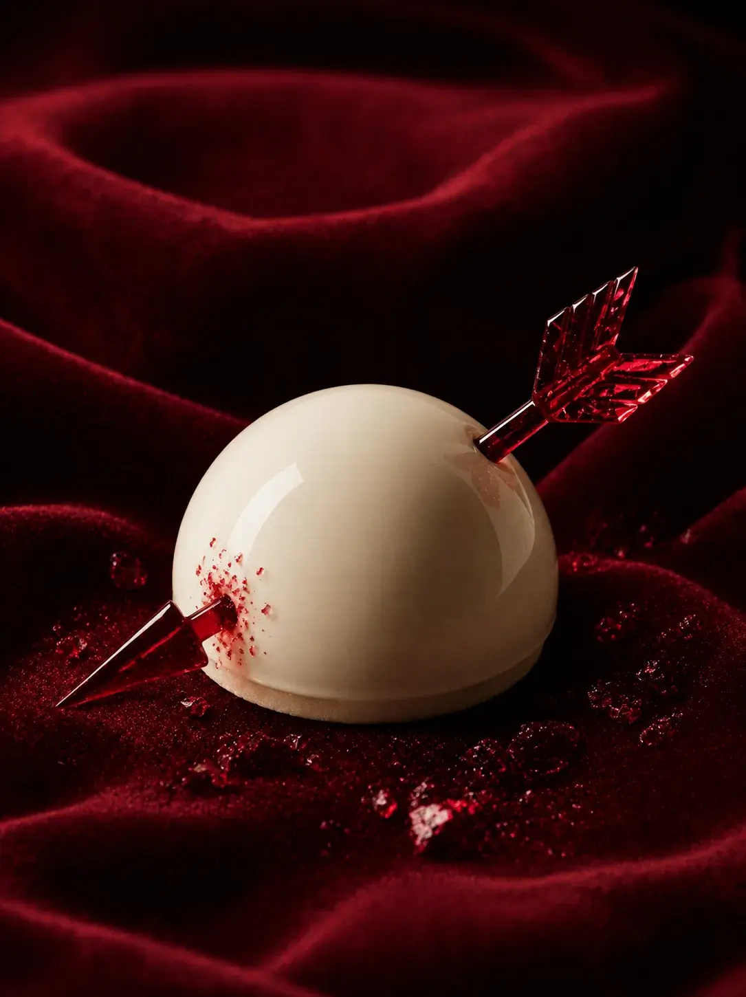 Entremets sphérique blanc et flèche Cupidon – éclats de sucre rouge, velours bordeaux sombre