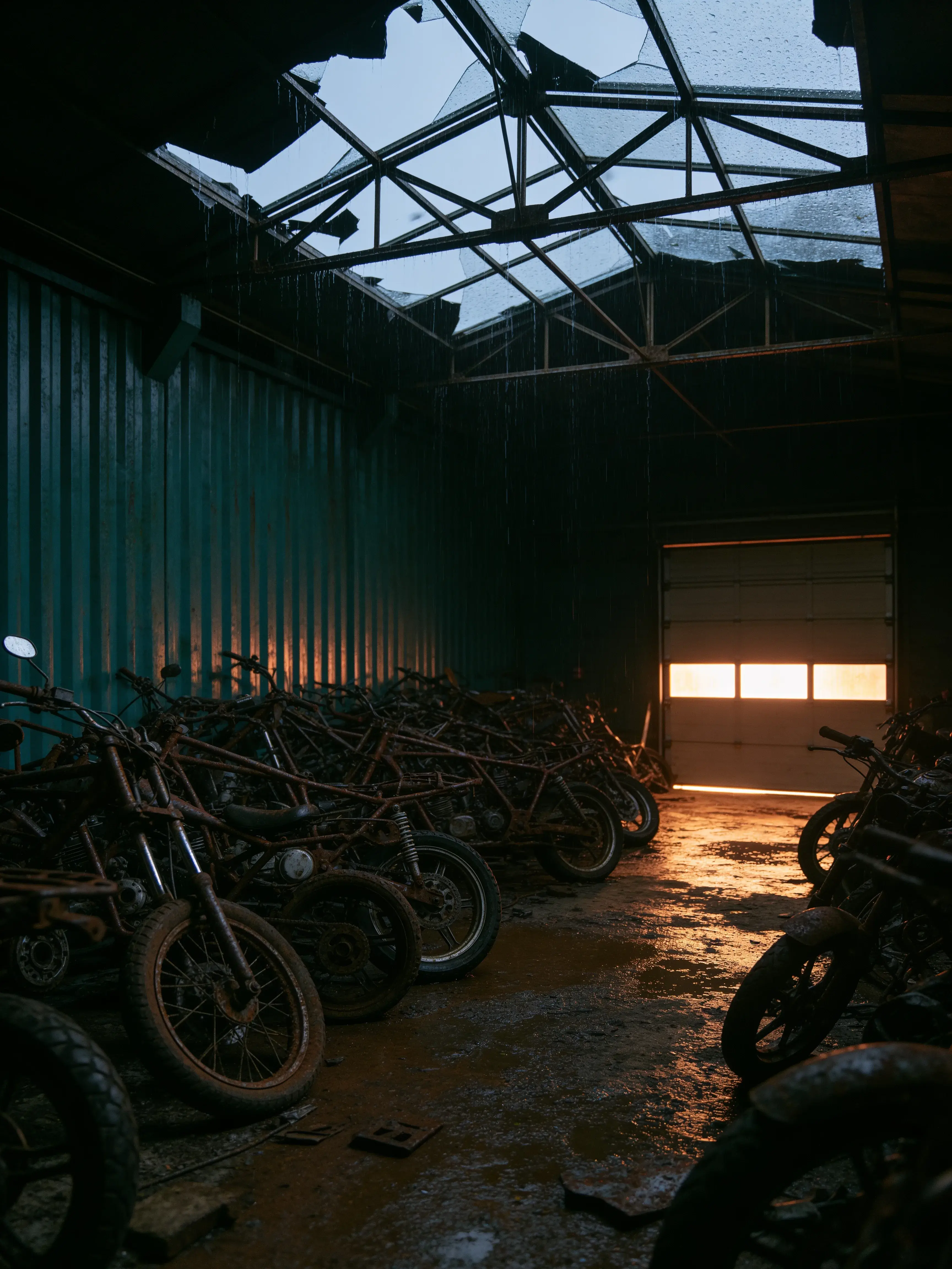 Entrepôt aux murs verts rouillés rempli de motos abandonnées avec porte lumineuse au fond