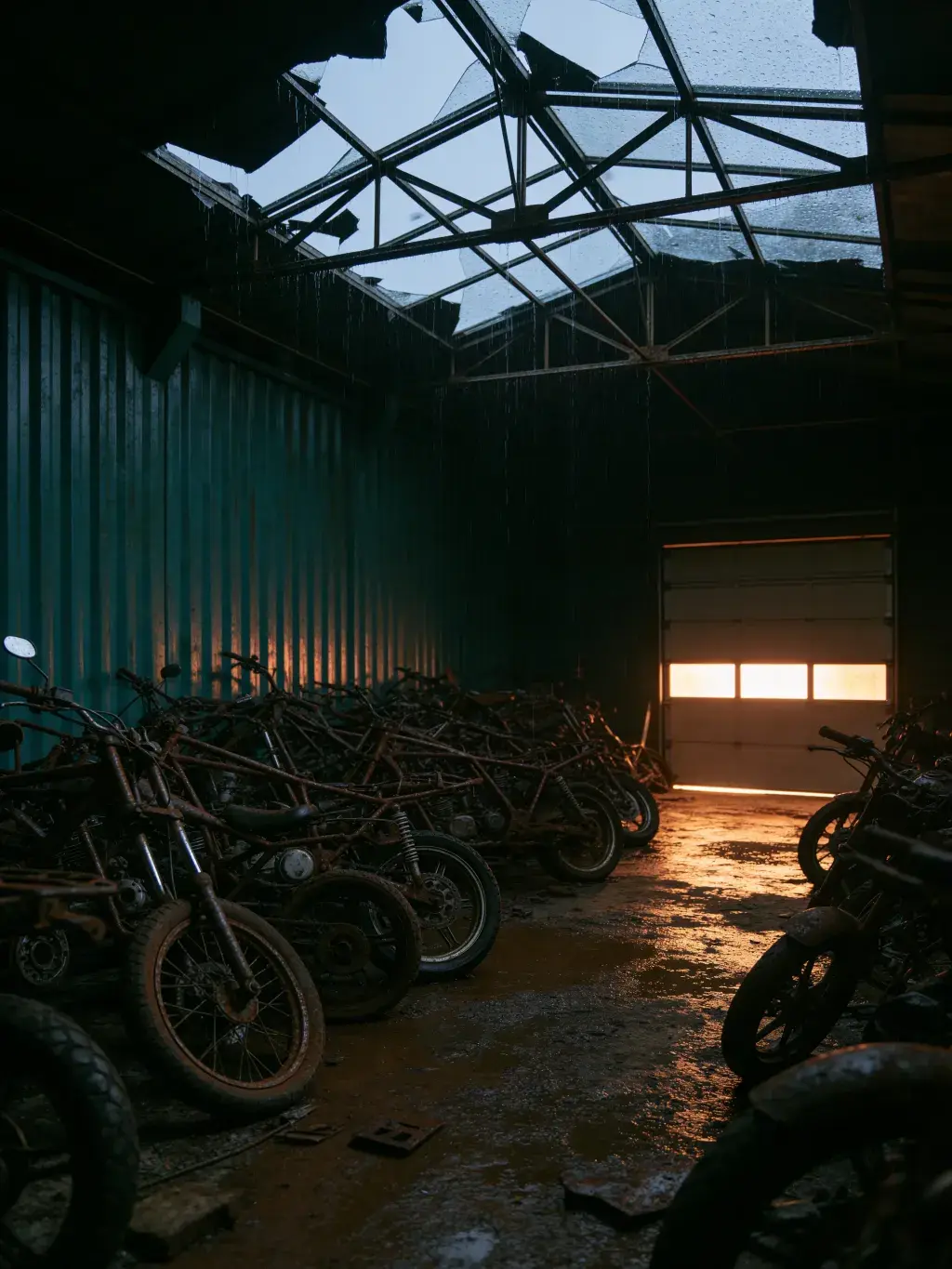 Entrepôt aux murs verts rouillés rempli de motos abandonnées avec porte lumineuse au fond