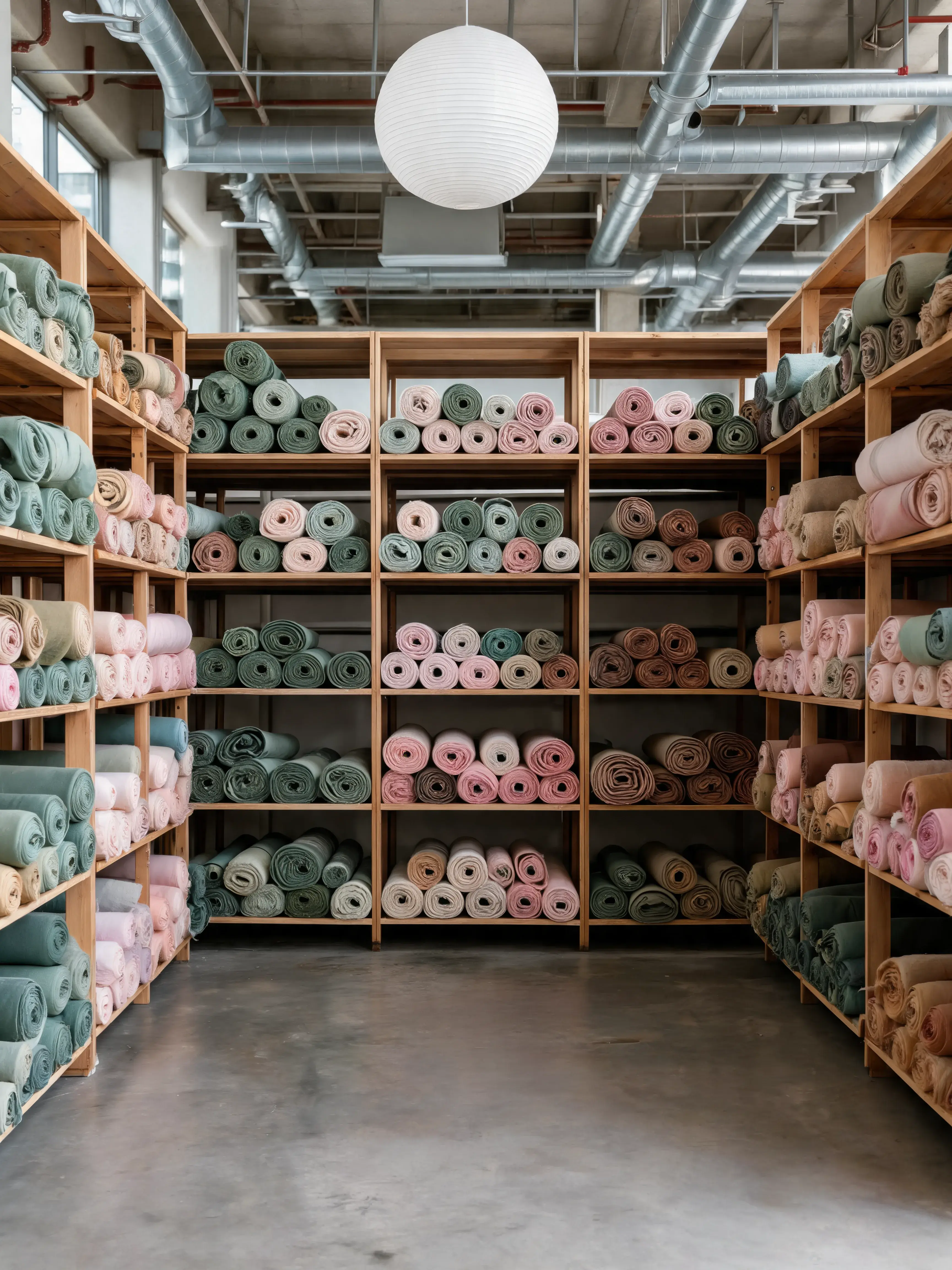 Entrepôt textile rayonnages bois – rouleaux tissu rose vert beige terracotta, sol béton, loft