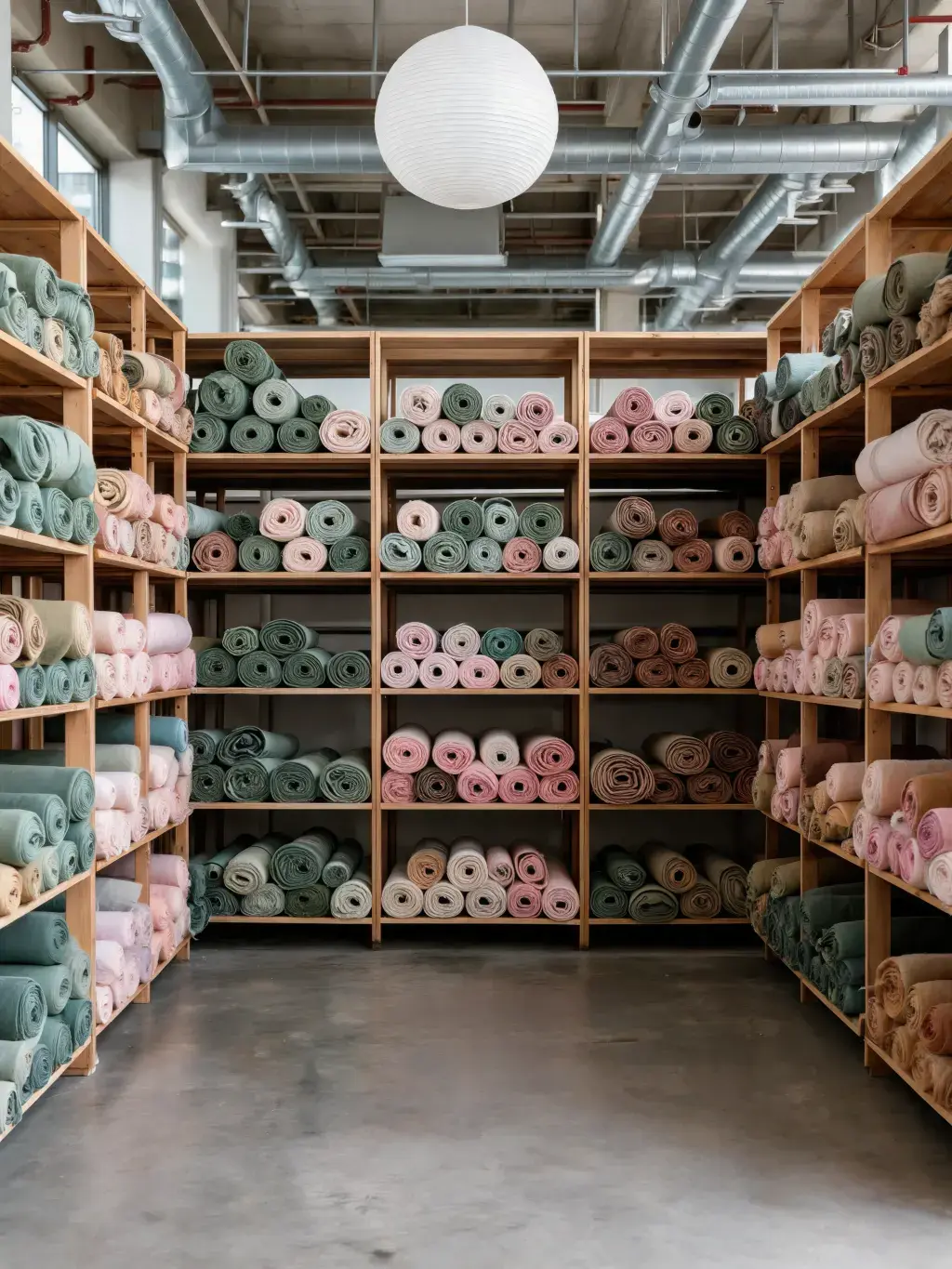 Entrepôt textile rayonnages bois – rouleaux tissu rose vert beige terracotta, sol béton, loft