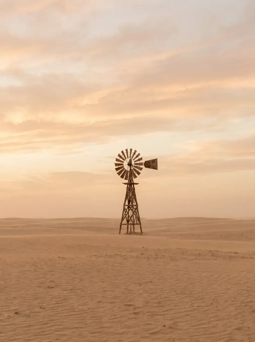 Éolienne ancienne solitaire dans un désert de sable doré au coucher de soleil nuageux