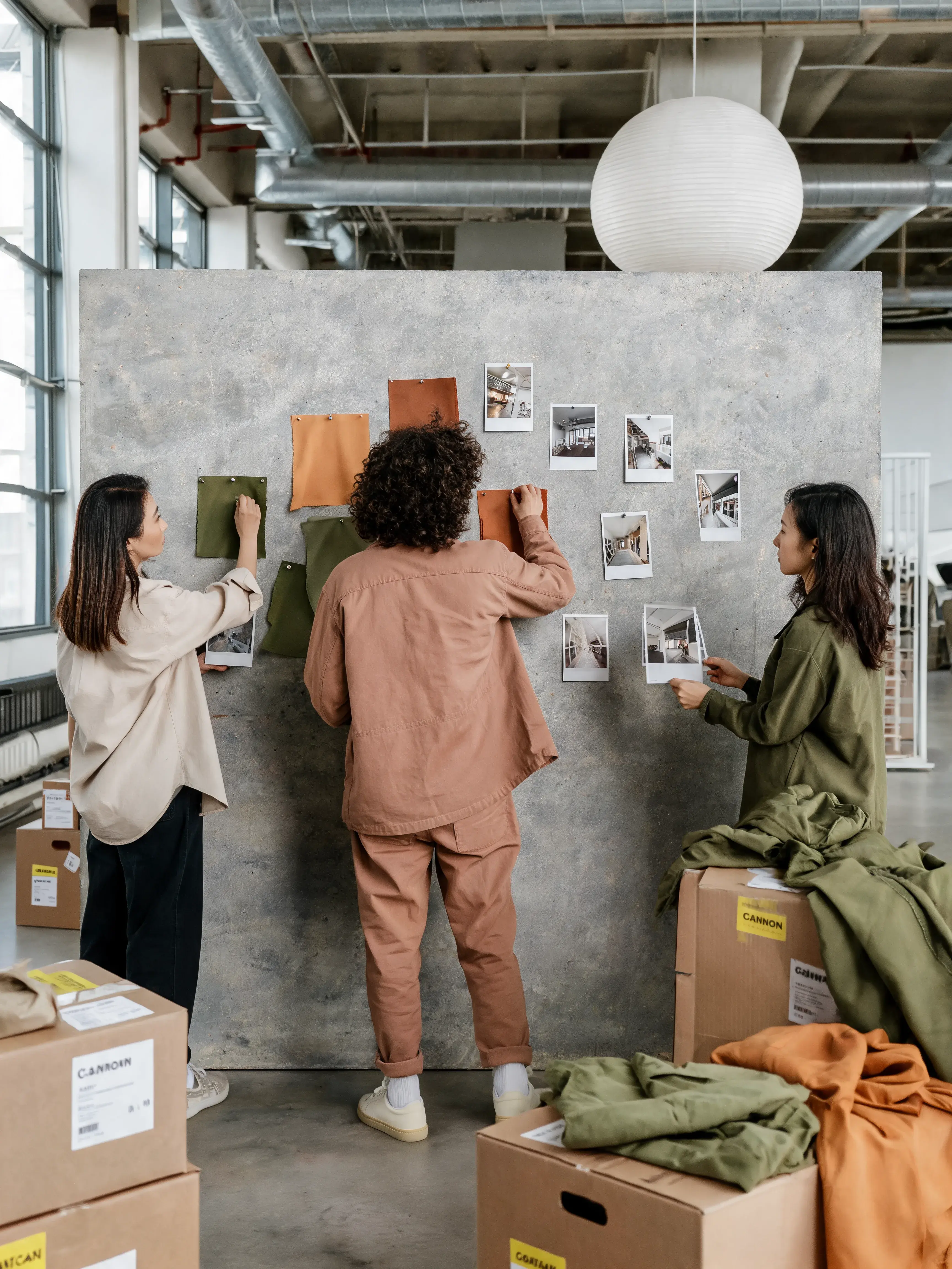 Équipe ajoutant photos tissu sur tableau d'inspiration – mur béton, loft industriel, cartons