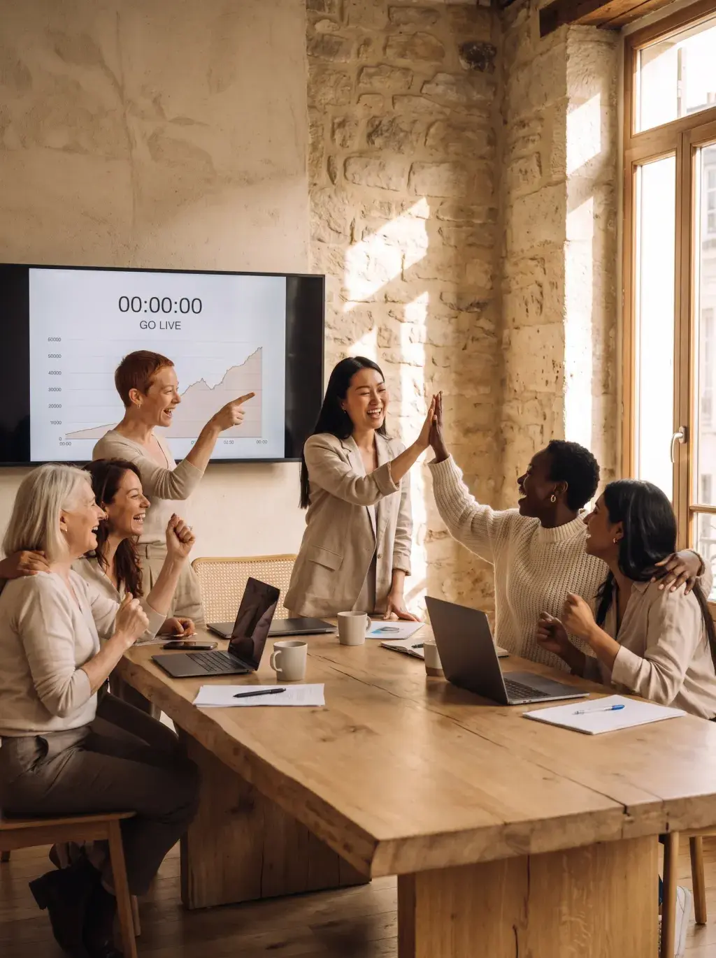 Équipe de femmes célébrant un lancement en ligne avec high five dans leur bureau