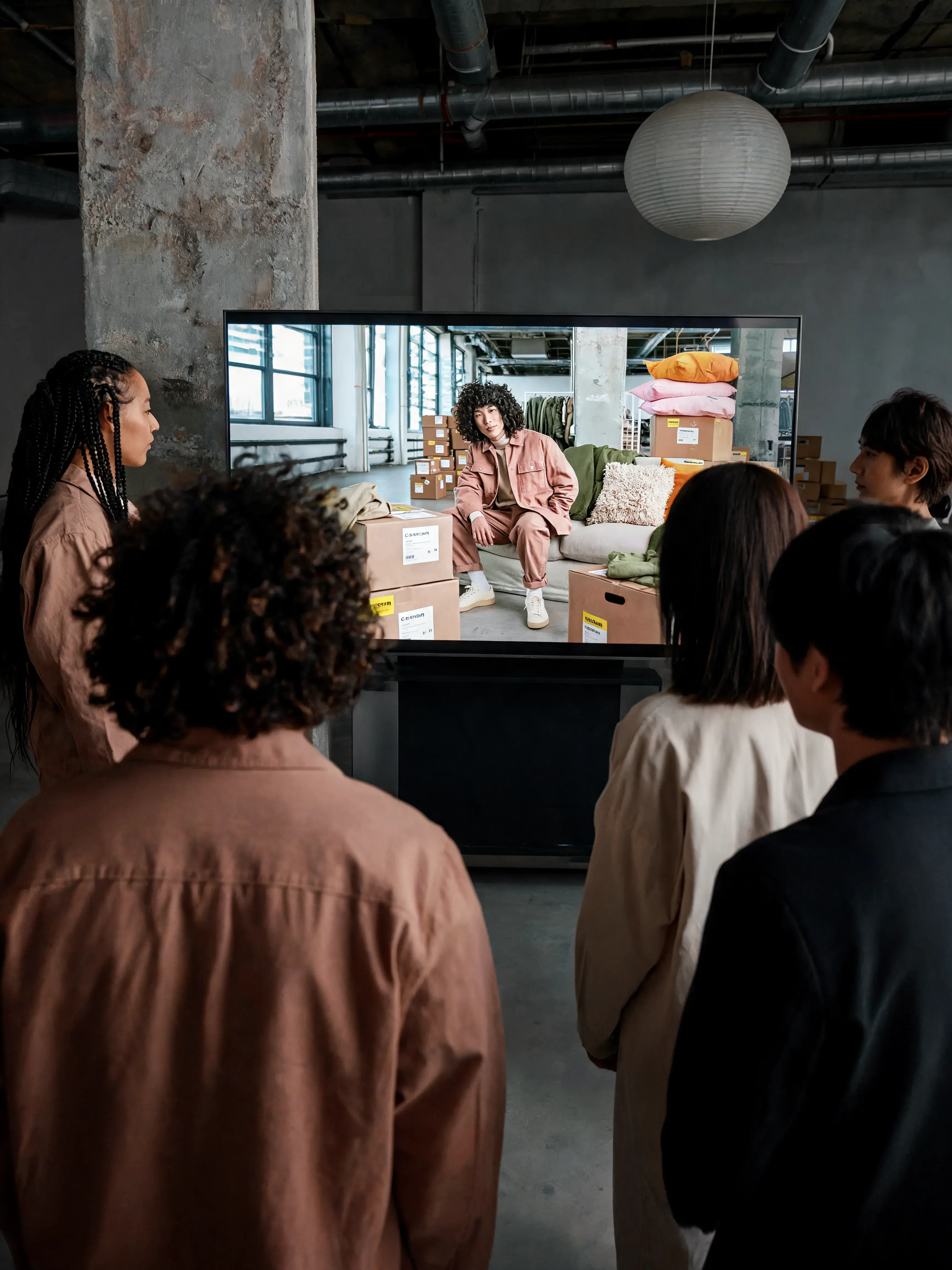 Équipe regardant présentation vidéo grand écran – tenues mode, loft sombre industriel