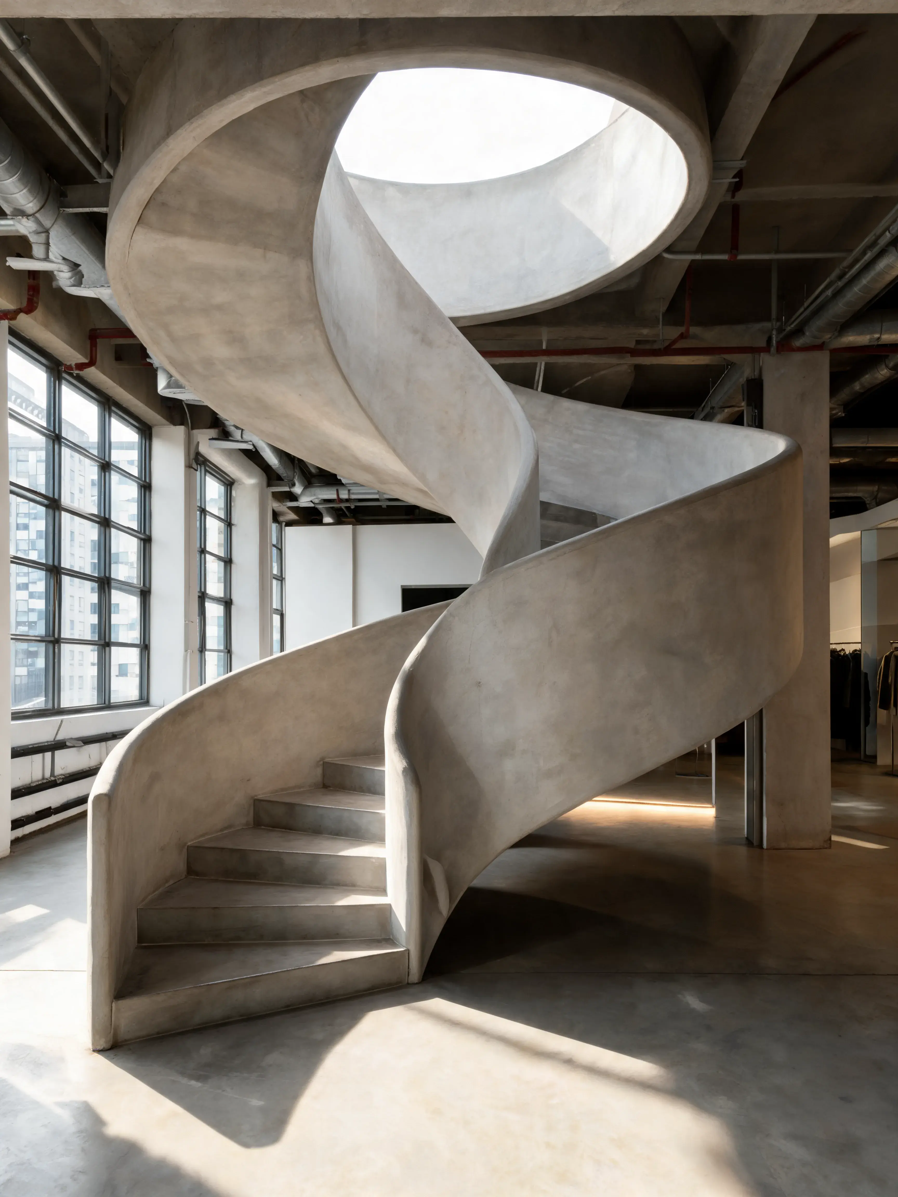 Escalier colimaçon béton brut espace industriel