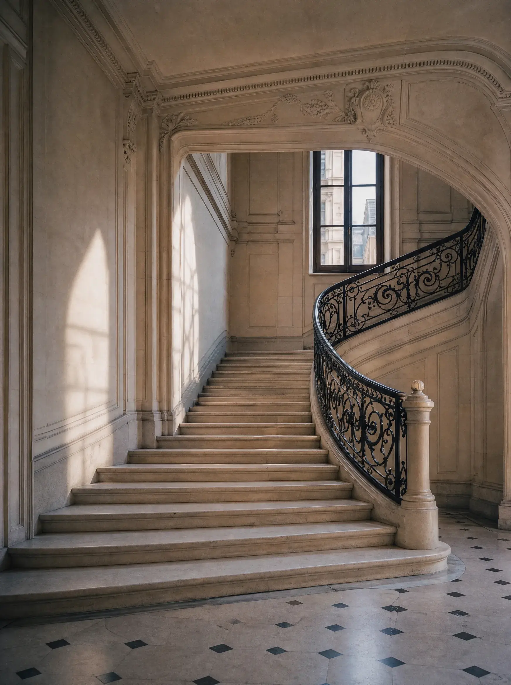 Escalier en pierre avec rampe en fer forgé dans un hôtel particulier baigné de lumière naturelle