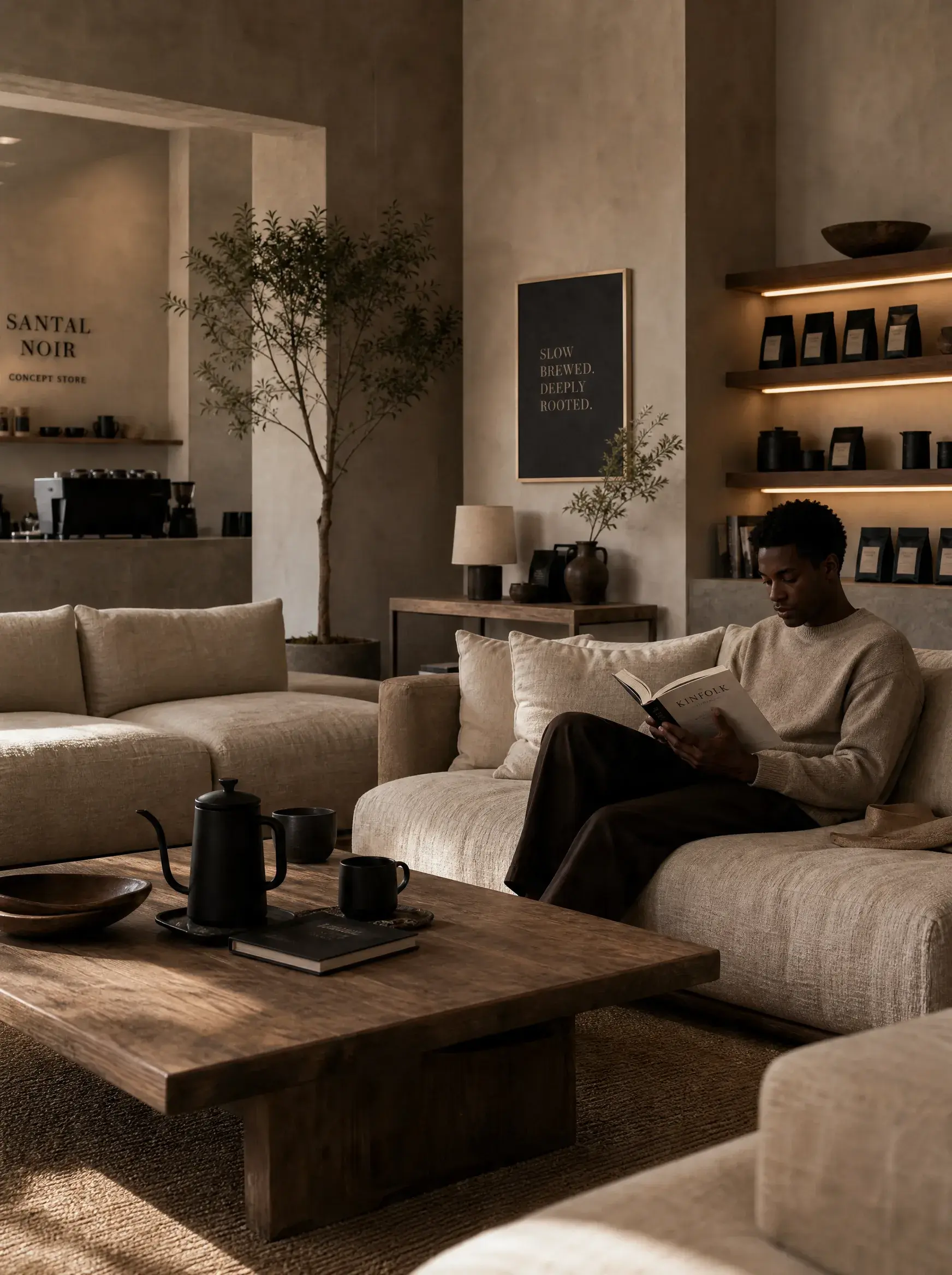 Espace lounge boutique café artisanal – homme lisant sur canapé beige, étagères produits, lumière LED