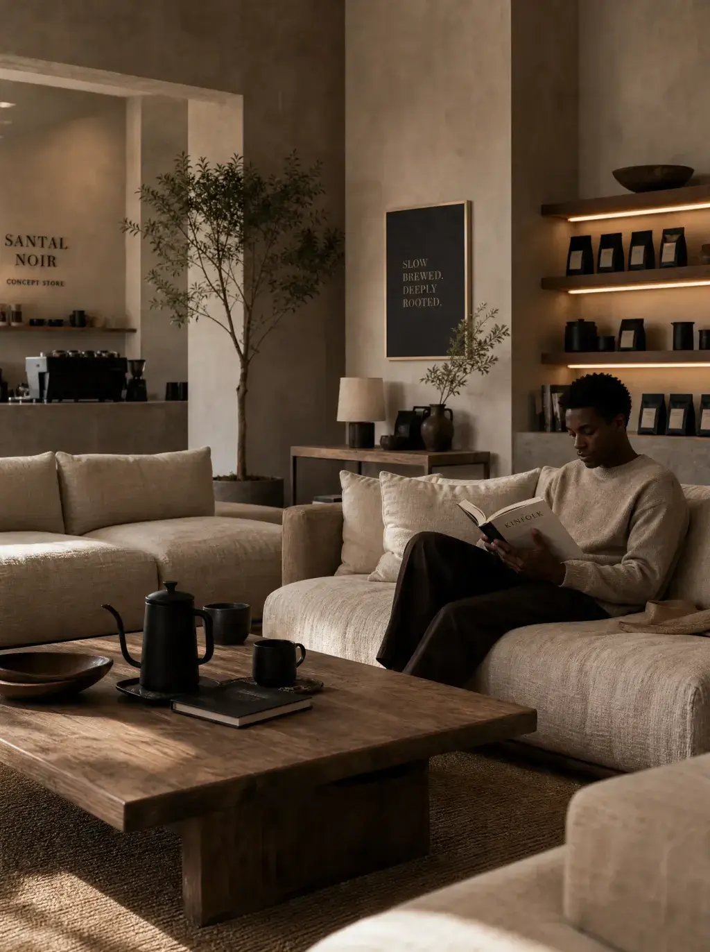 Espace lounge boutique café artisanal – homme lisant sur canapé beige, étagères produits, lumière LED