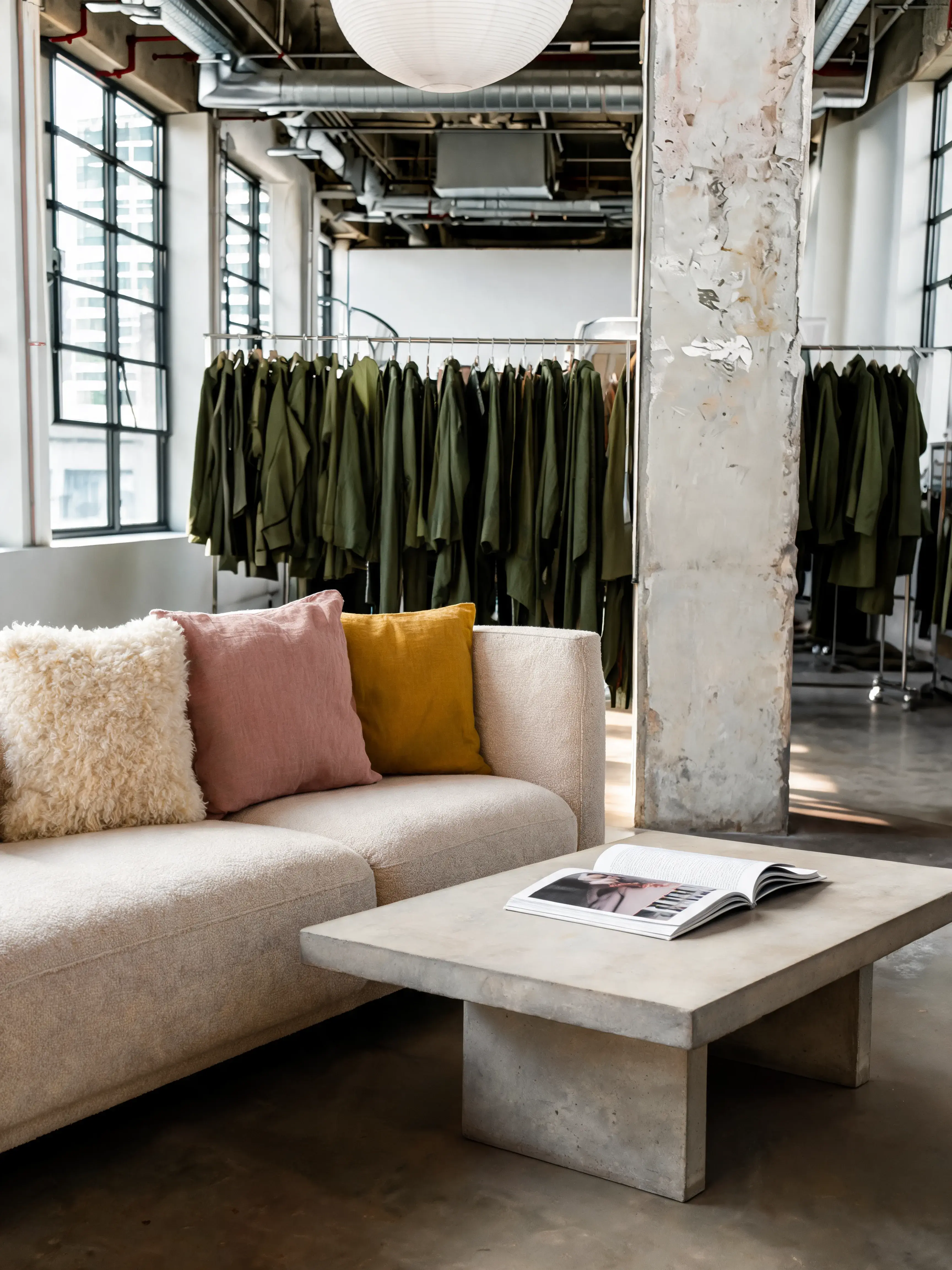 Espace showroom canapé beige portants vestes vertes