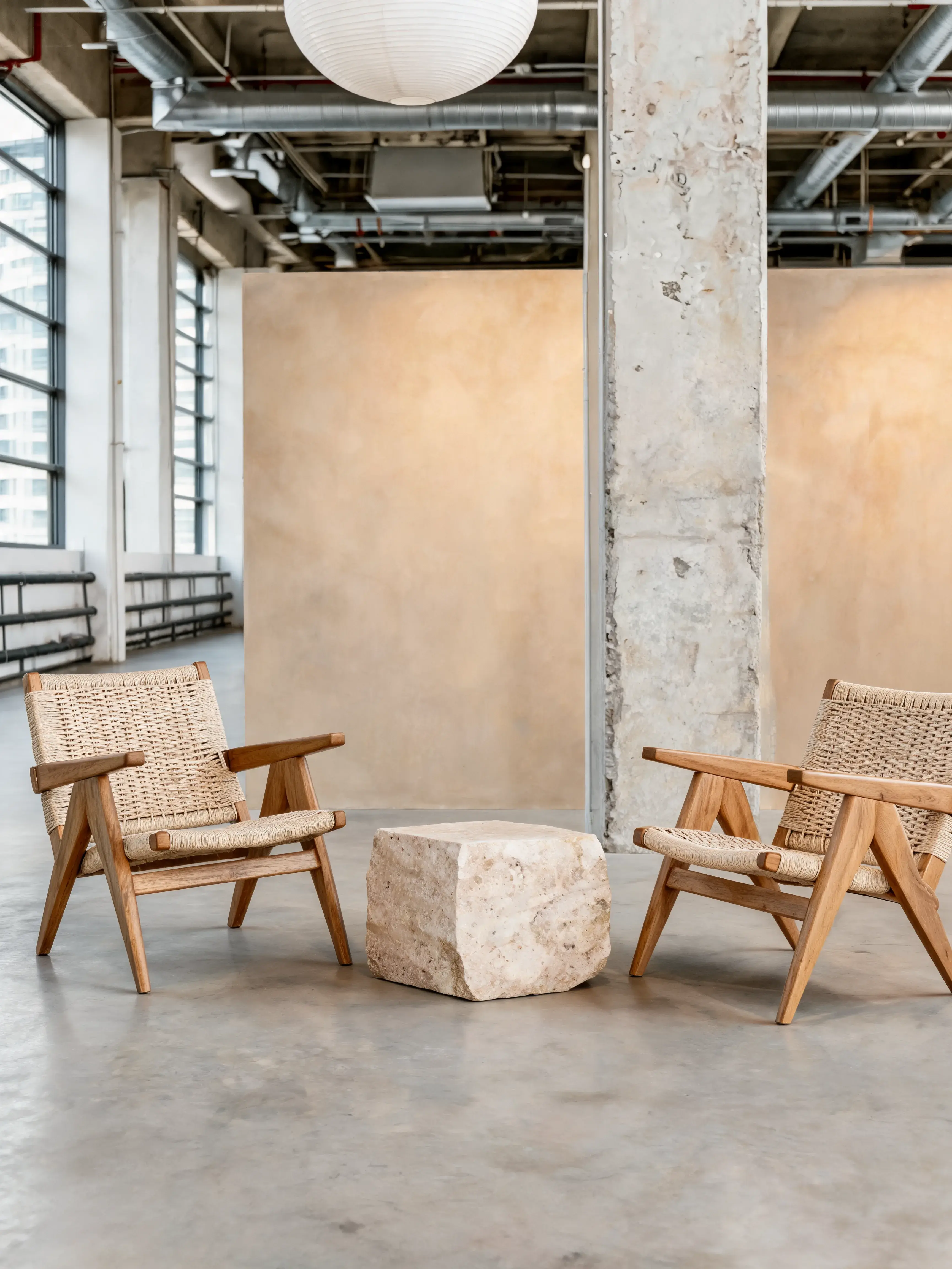 Espace showroom épuré fauteuils bois table pierre