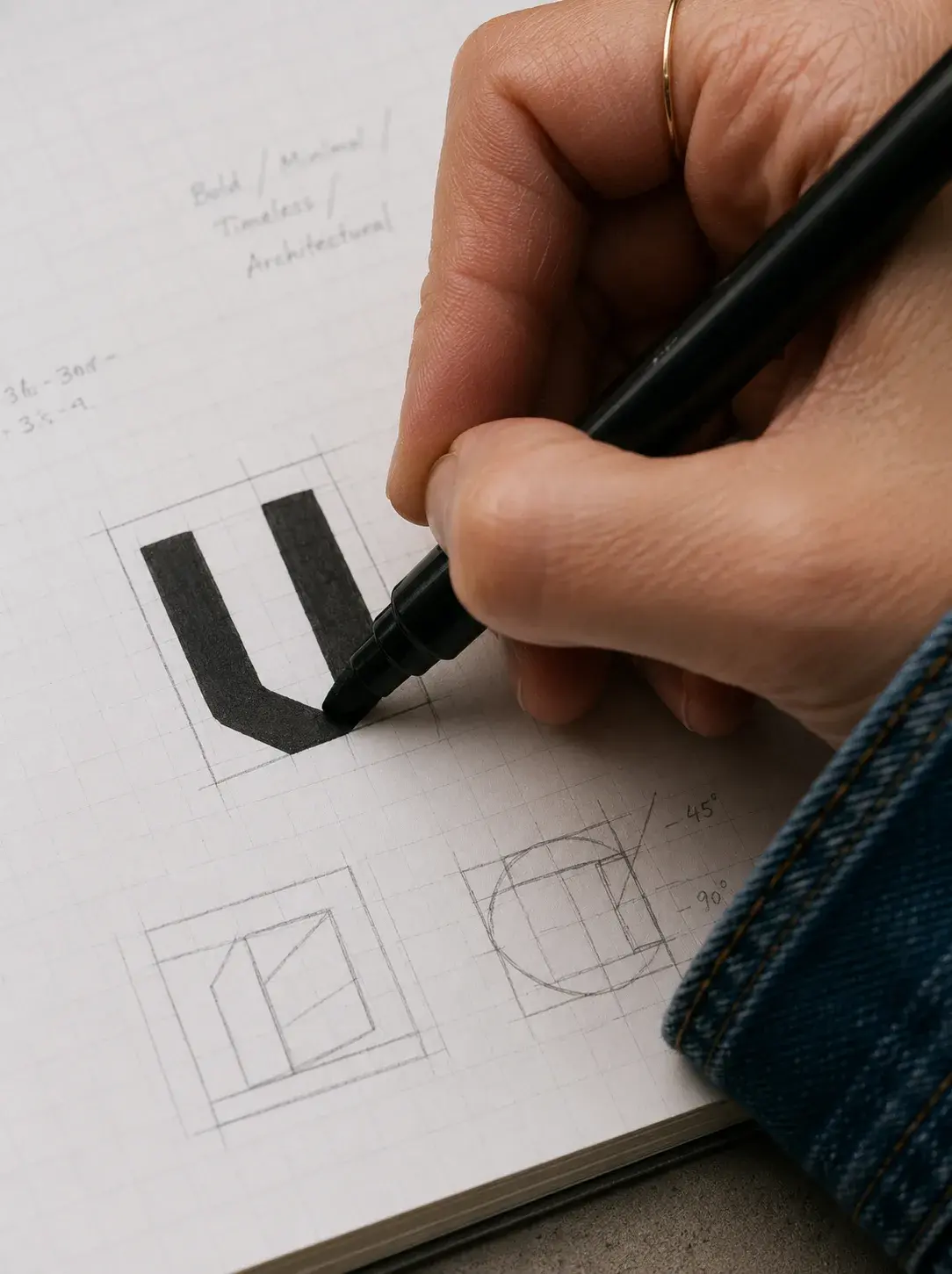 Esquisse logotype – marqueur, formes géométriques, carnet, béton