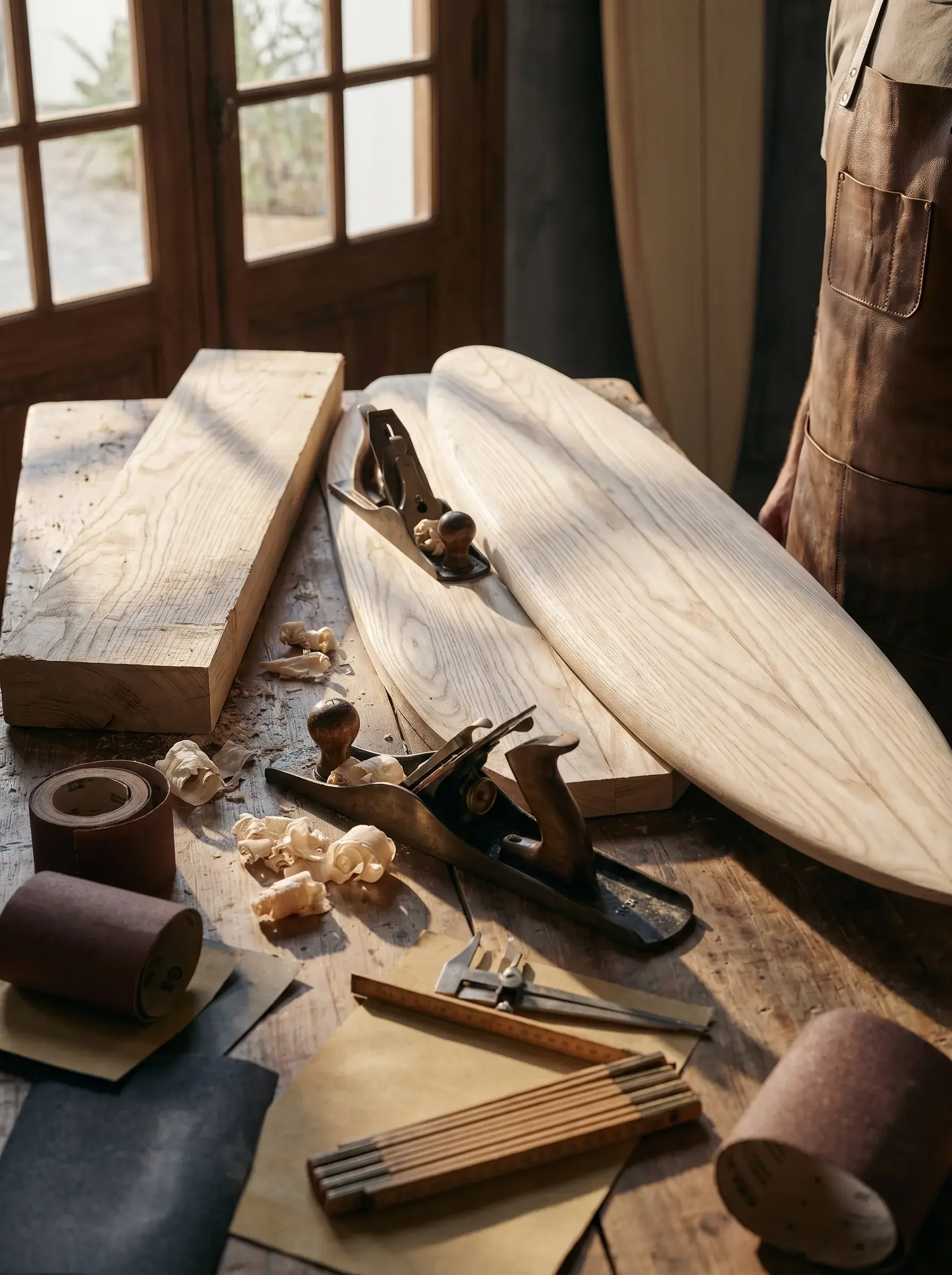 Établi d'atelier avec outils et planches de surf en cours de façonnage